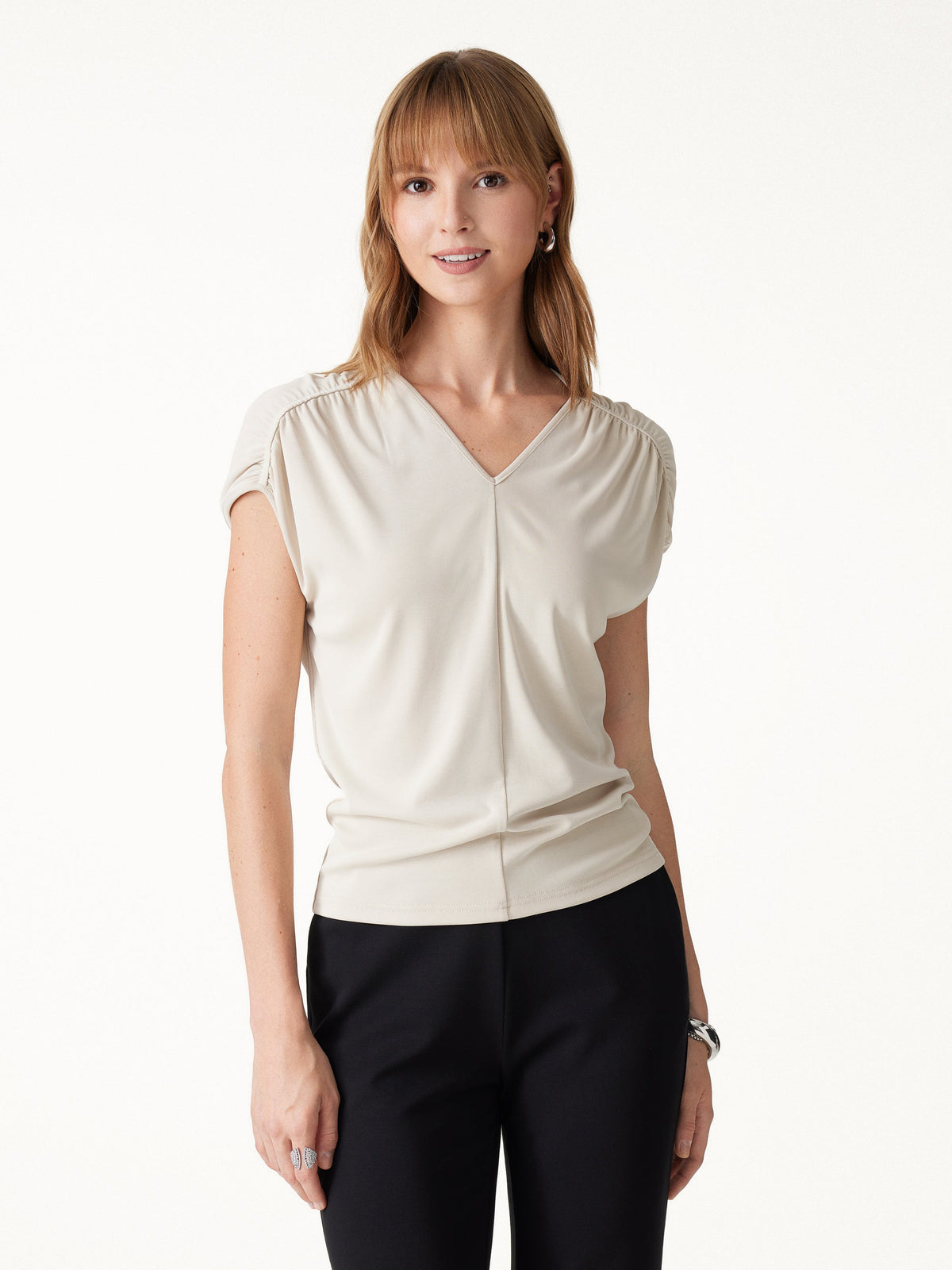 Modal Relaxed V-Neck Gathered Shoulder Top — original photo 3