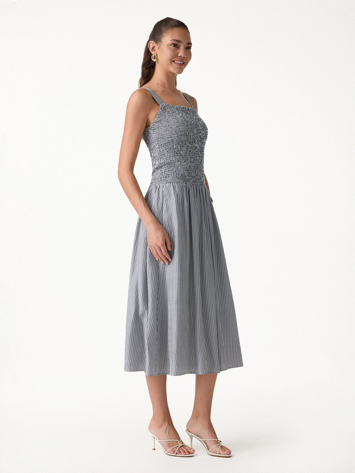 Striped Poplin Square Neck Smocked Midi Built-In Bra Dress — original photo 3