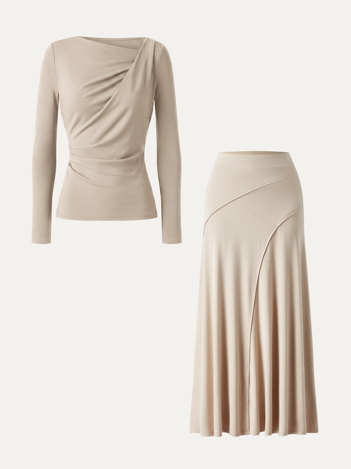 2Pcs Set LiteWarm Asymmetrical Neck Top & Drapey A-Line Midi Skirt — original photo 11