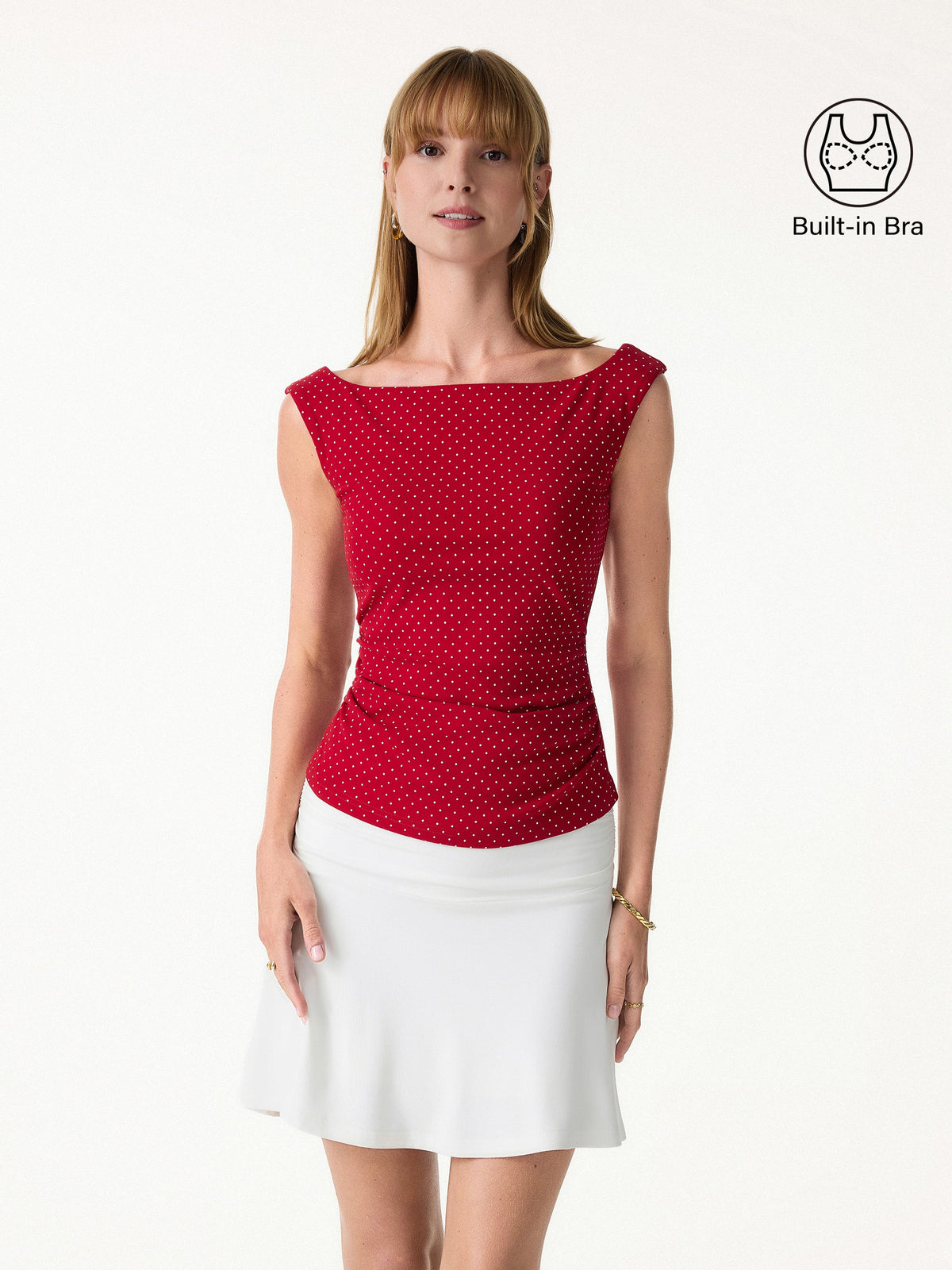 Stretch Cotton Polka Dot Boatneck Ruched Built-In Bra Top Limited Edition — original photo 2