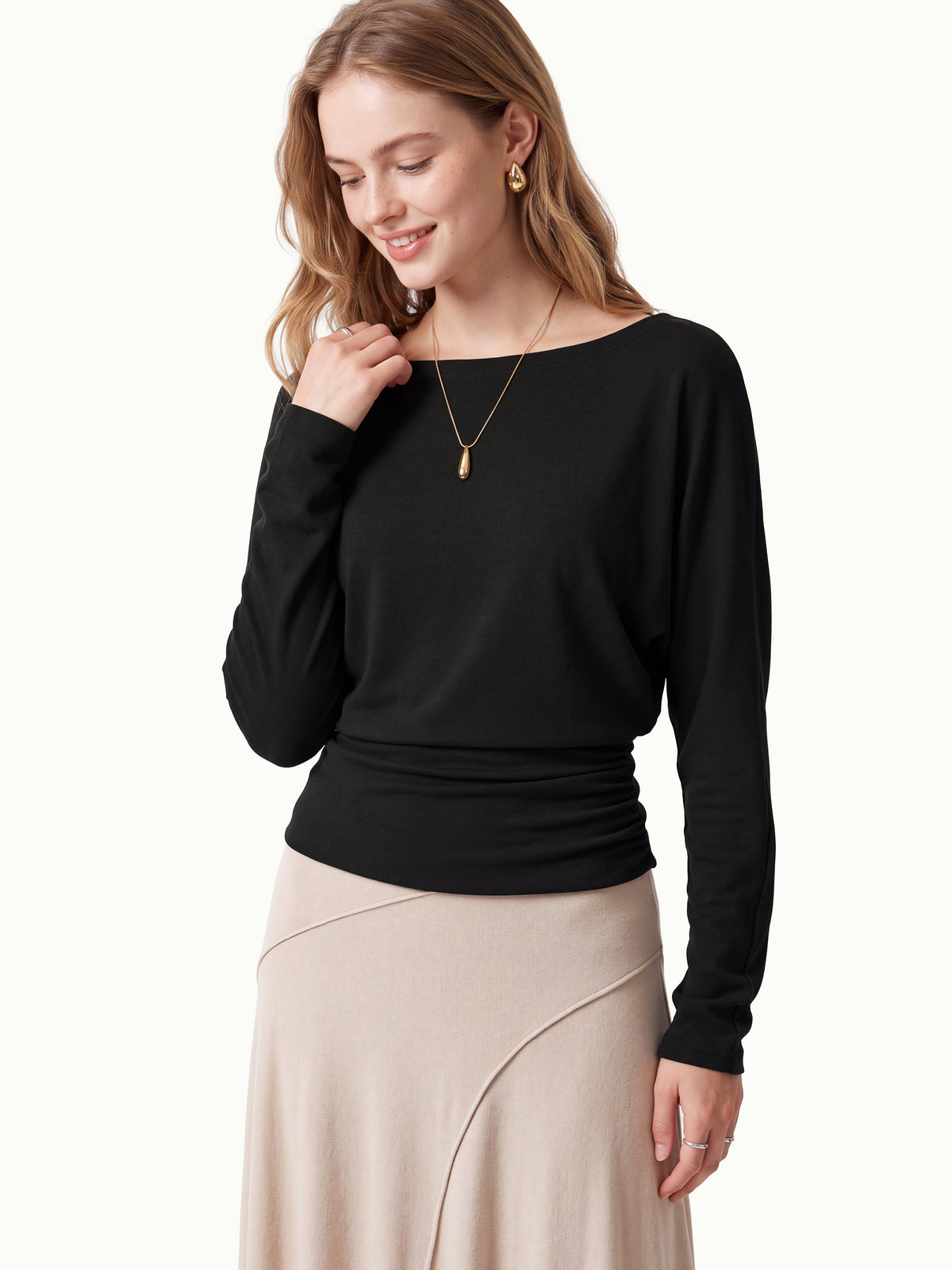 LiteWarm Slash Neck Batwing Sleeve Ruched Banded Hem Top — original photo 11