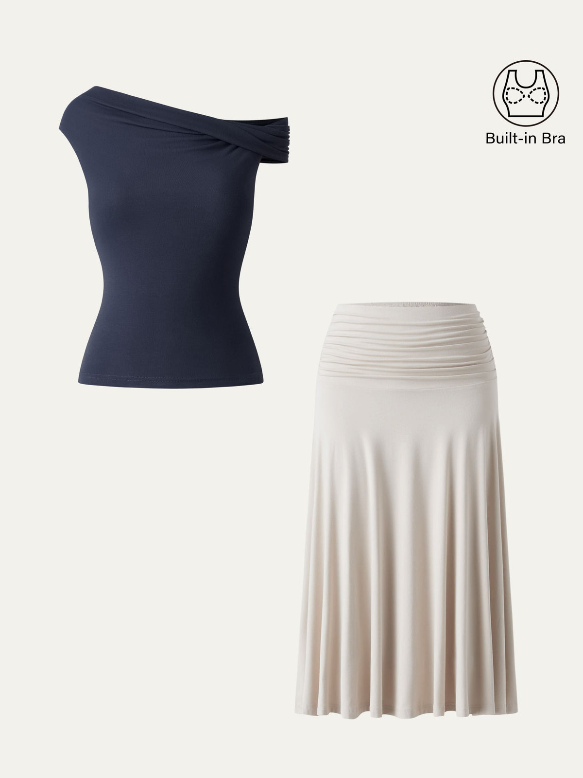 2Pcs Set Multi-wear Built-In Bra Top & Side Ruched A-line Midi Skirt — original photo 12