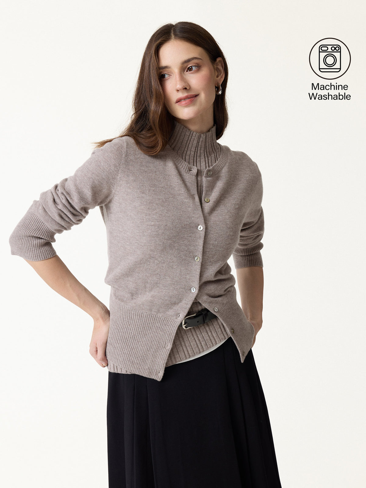 2Pcs Set 100% Merino Wool Long Sleeve Cardigan & Mock Neck Sweater — original photo 1