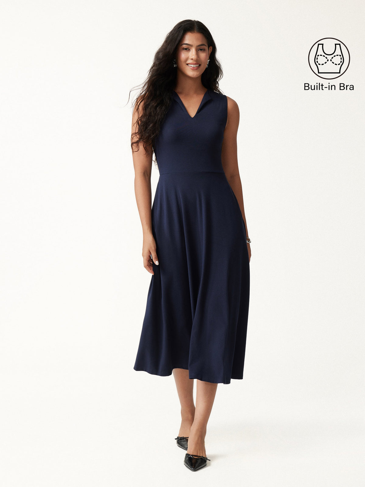 Ribbed Collared V-Neck Sleeveless A-Line Midi Built-In Bra Dress with Pockets — original photo 3