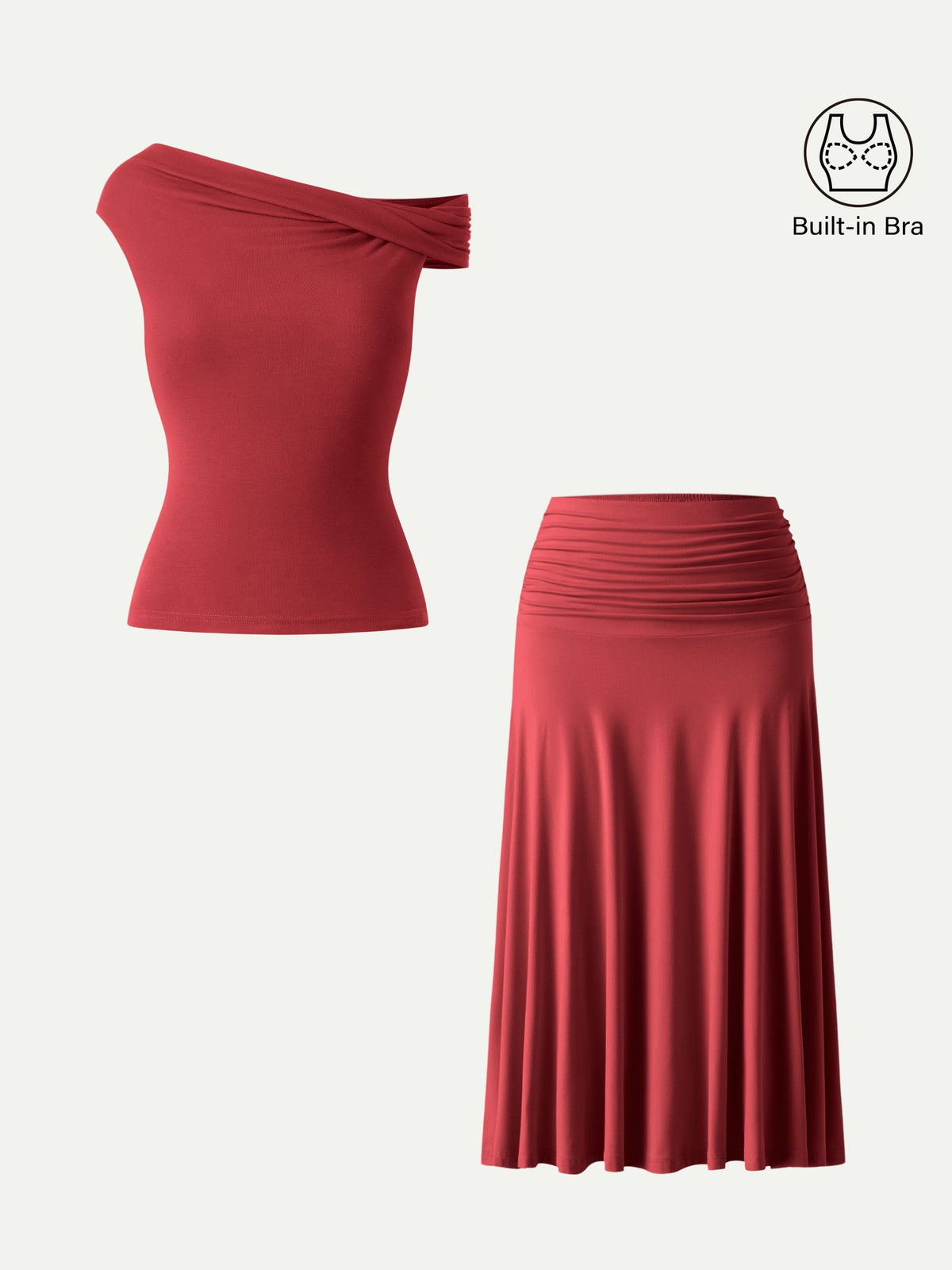 2Pcs Set Multi-wear Built-In Bra Top & Side Ruched A-line Midi Skirt — original photo 22