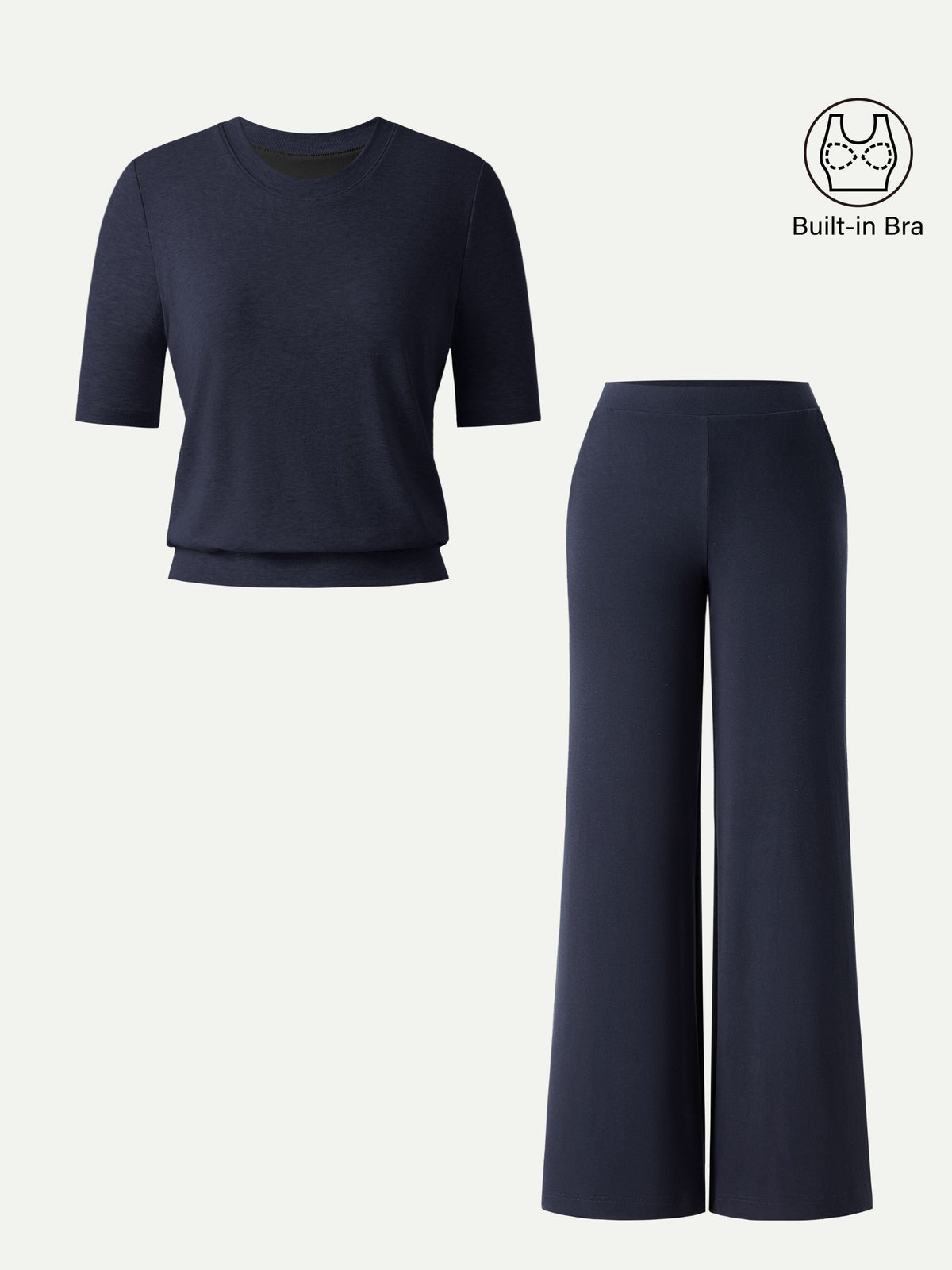 2Pcs Set Regular Mid Rise Wide Leg Pants & Crewneck Built-In Bra Top — original photo 2