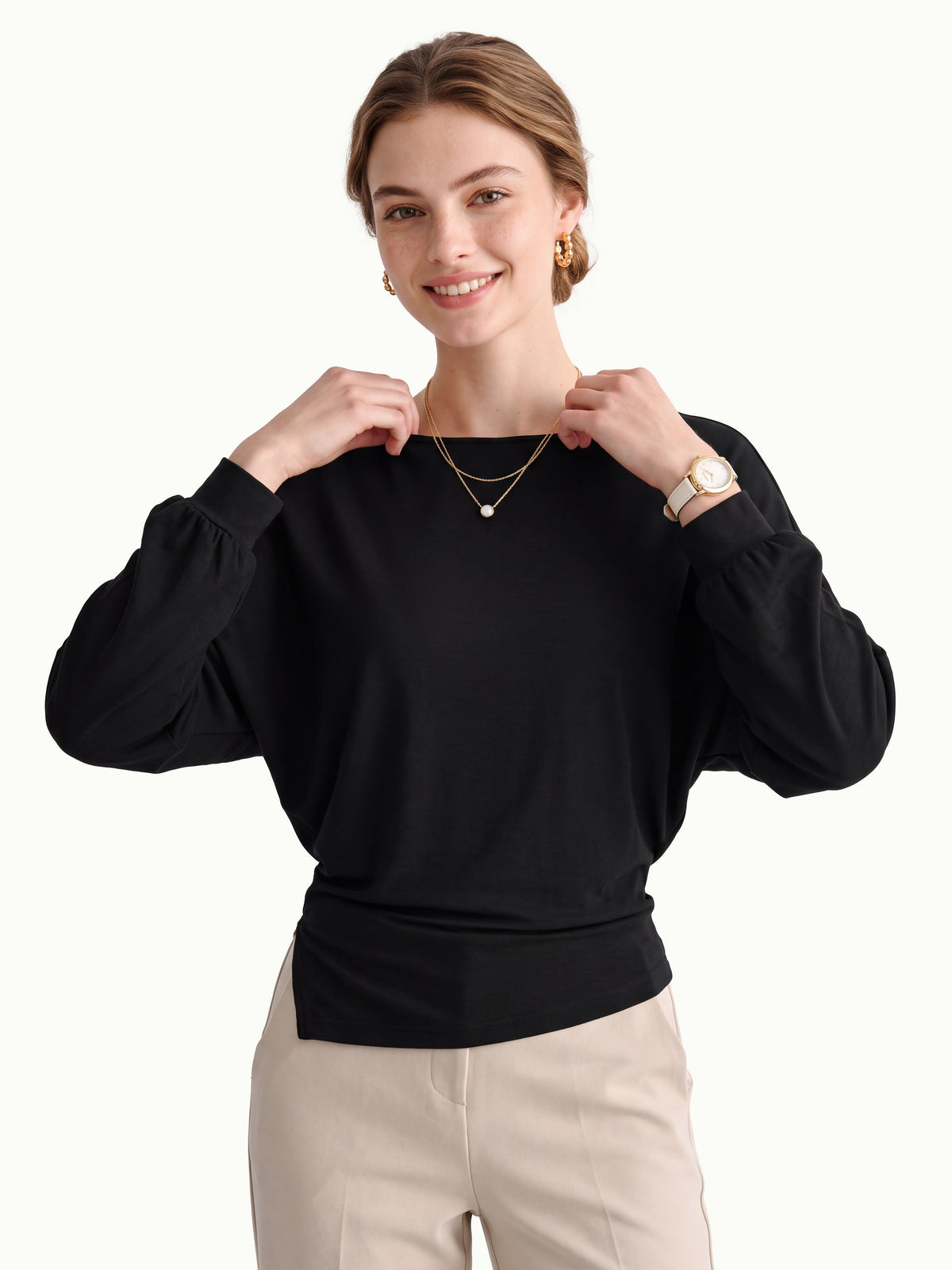 LiteWarm Boatneck Long Sleeve Asymmetrical Hem Top — original photo 7