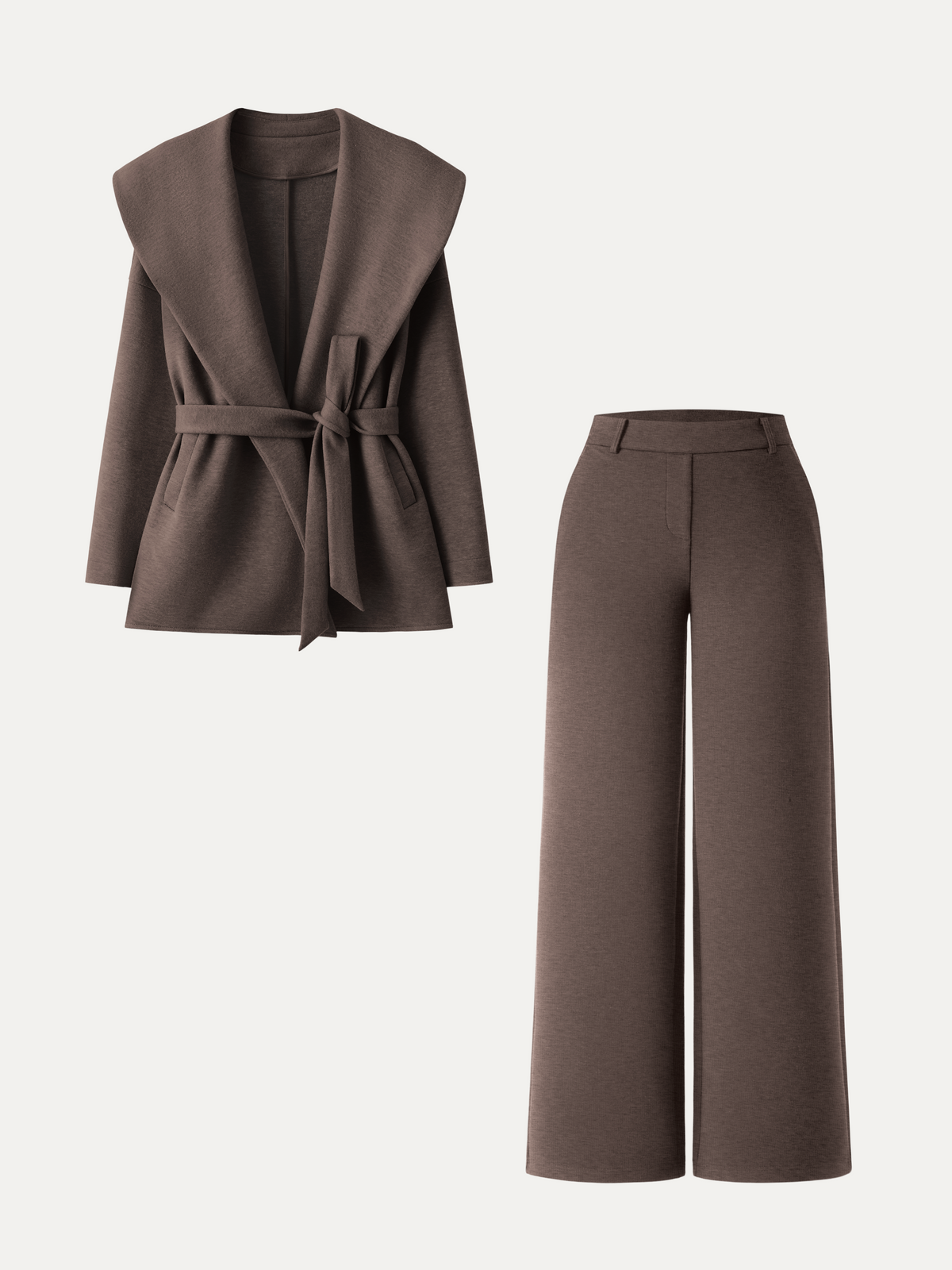 2Pcs Set Belted Shawl Collar Robe Jacket & Mid Rise Straight Pants with Pockets — original photo 11