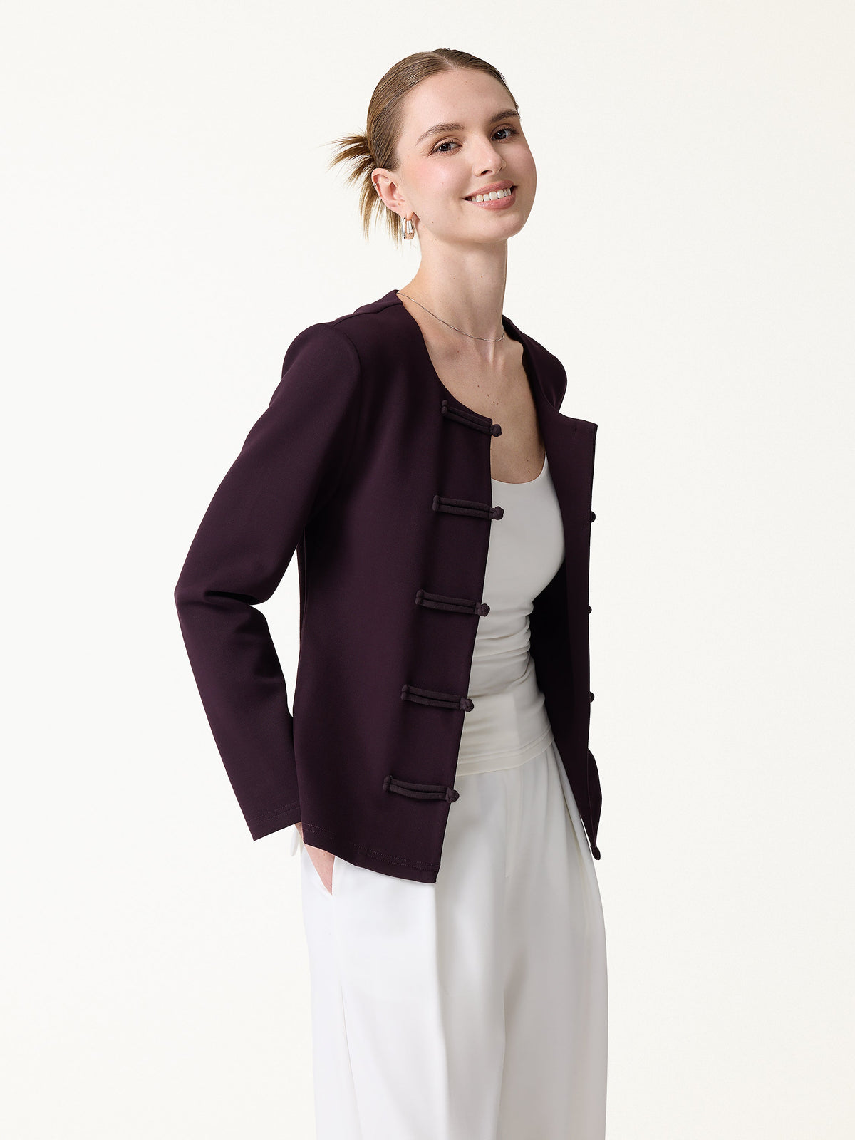 Stretch Ponte Frog-Button Round Neck Long Sleeve Jacket — original photo 3
