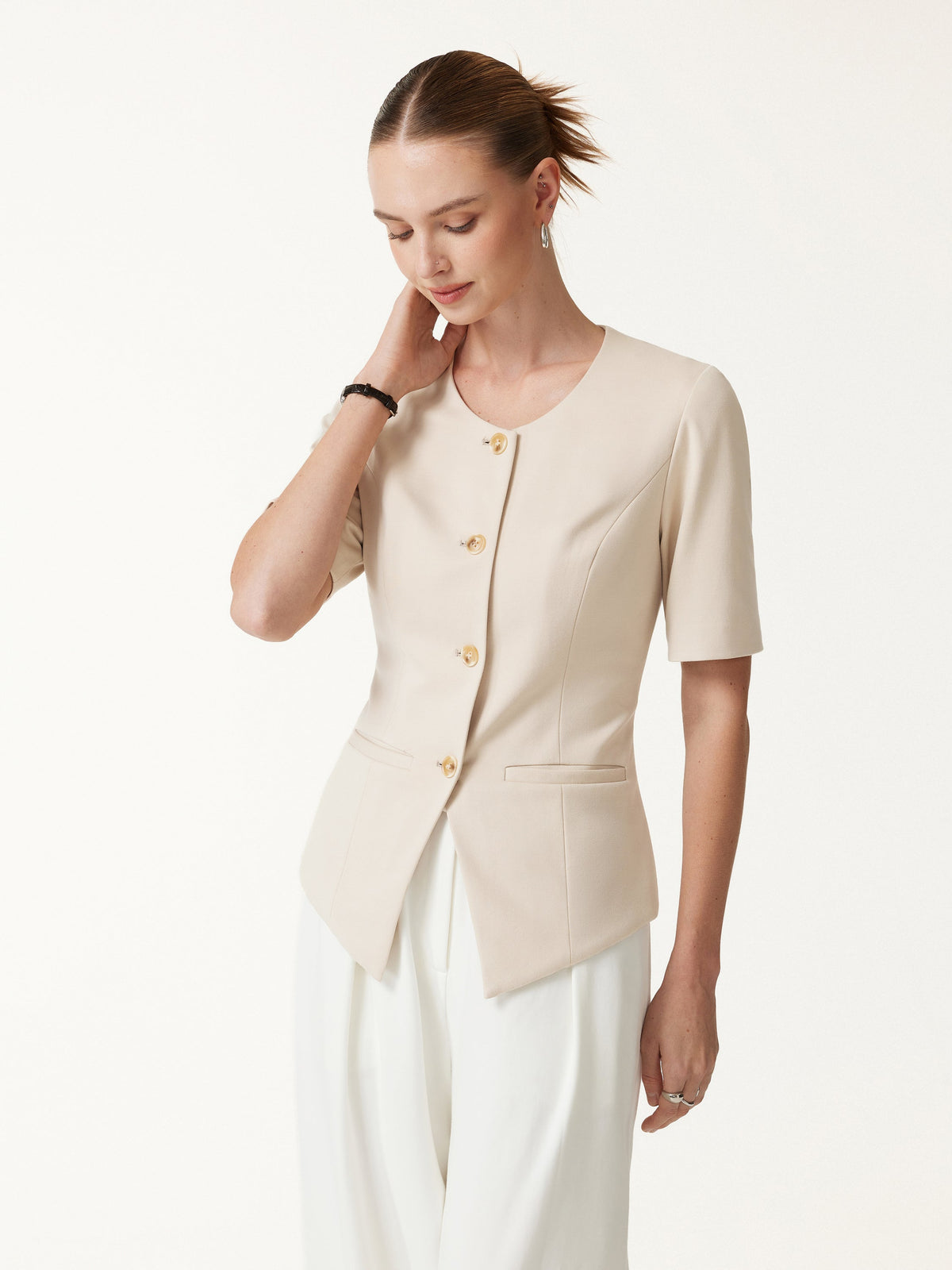Ponte Office Round Neck Elbow Sleeve Jacket with Pockets — original photo 4