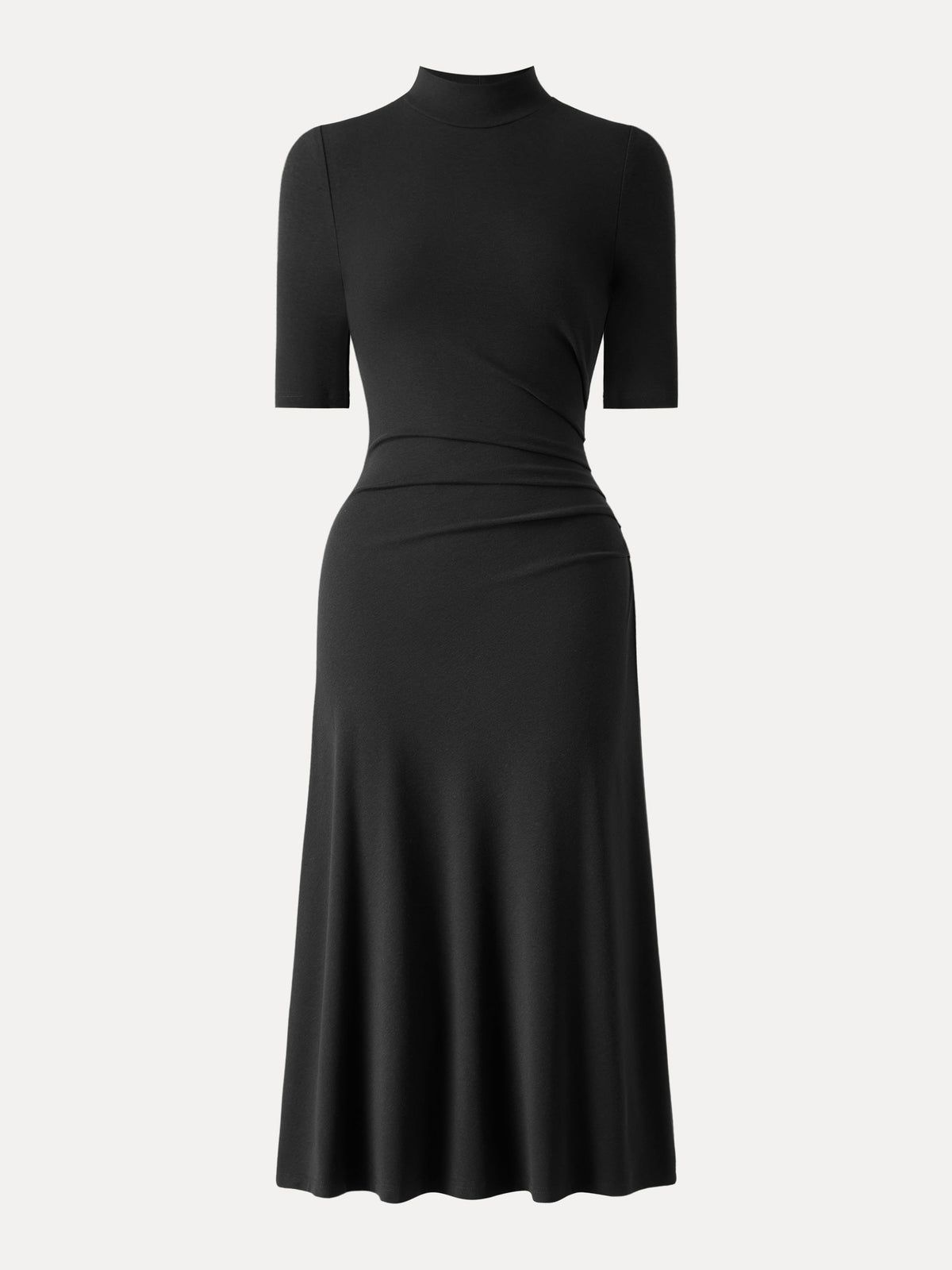 Cotton Blend Mock Neck Elbow Sleeve Tucked A-Line Midi Dress — original photo 11