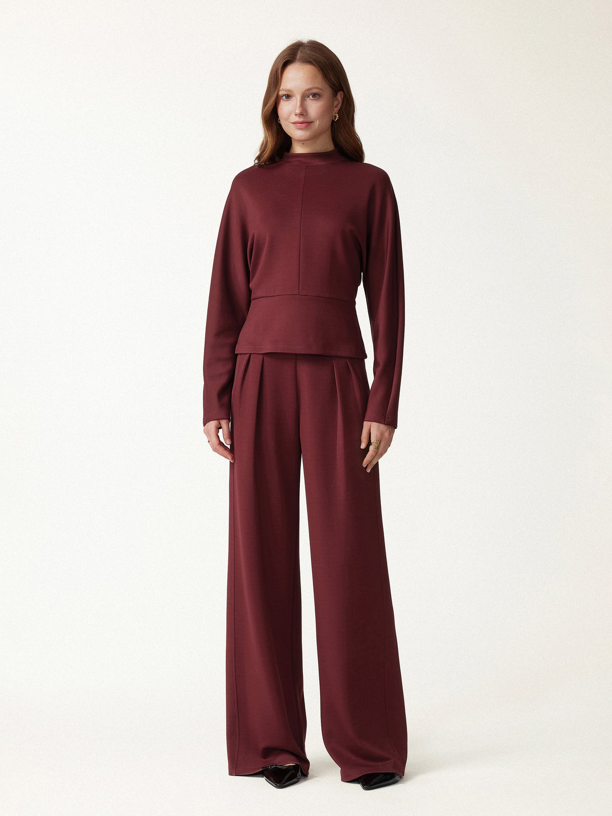 2Pcs Set Mock Neck Batwing Sleeve Top & High-Rise Wide-Leg Pants with Pockets — original photo 1
