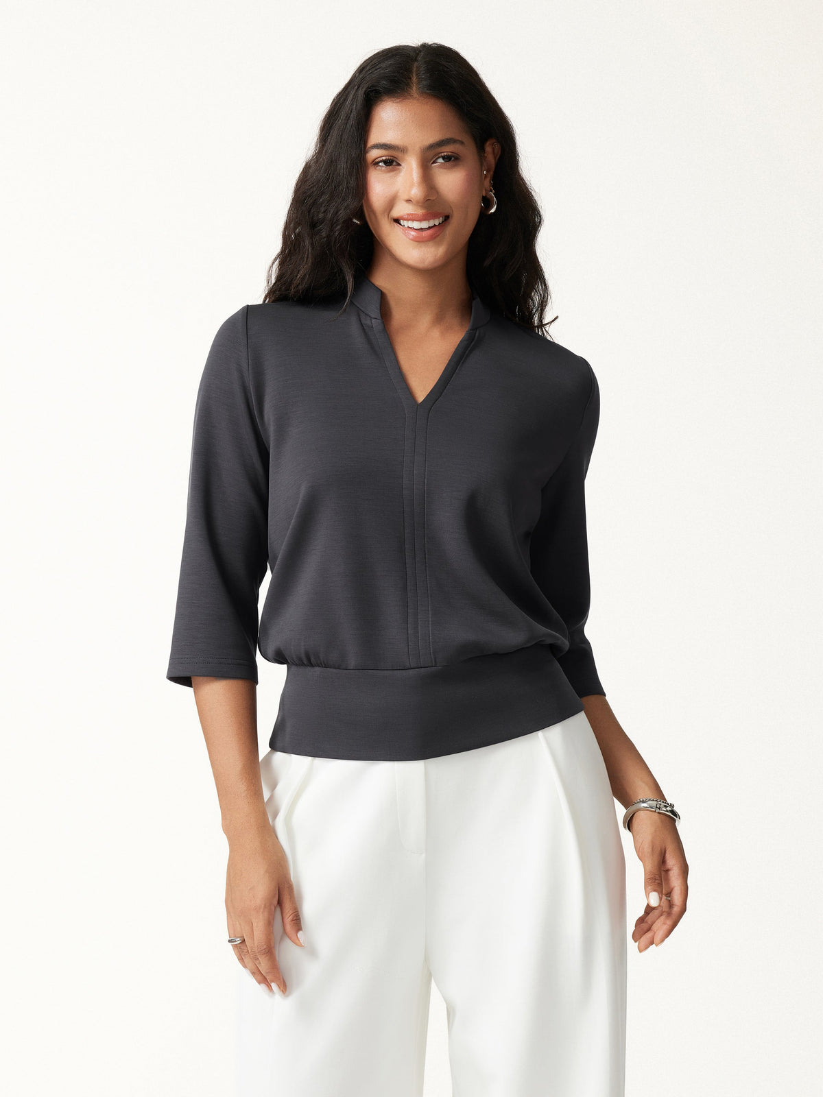 2Pcs Set Petite V-Neck Elbow Sleeve Top & High-Rise Wide Leg Pants with Pockets — original photo 3