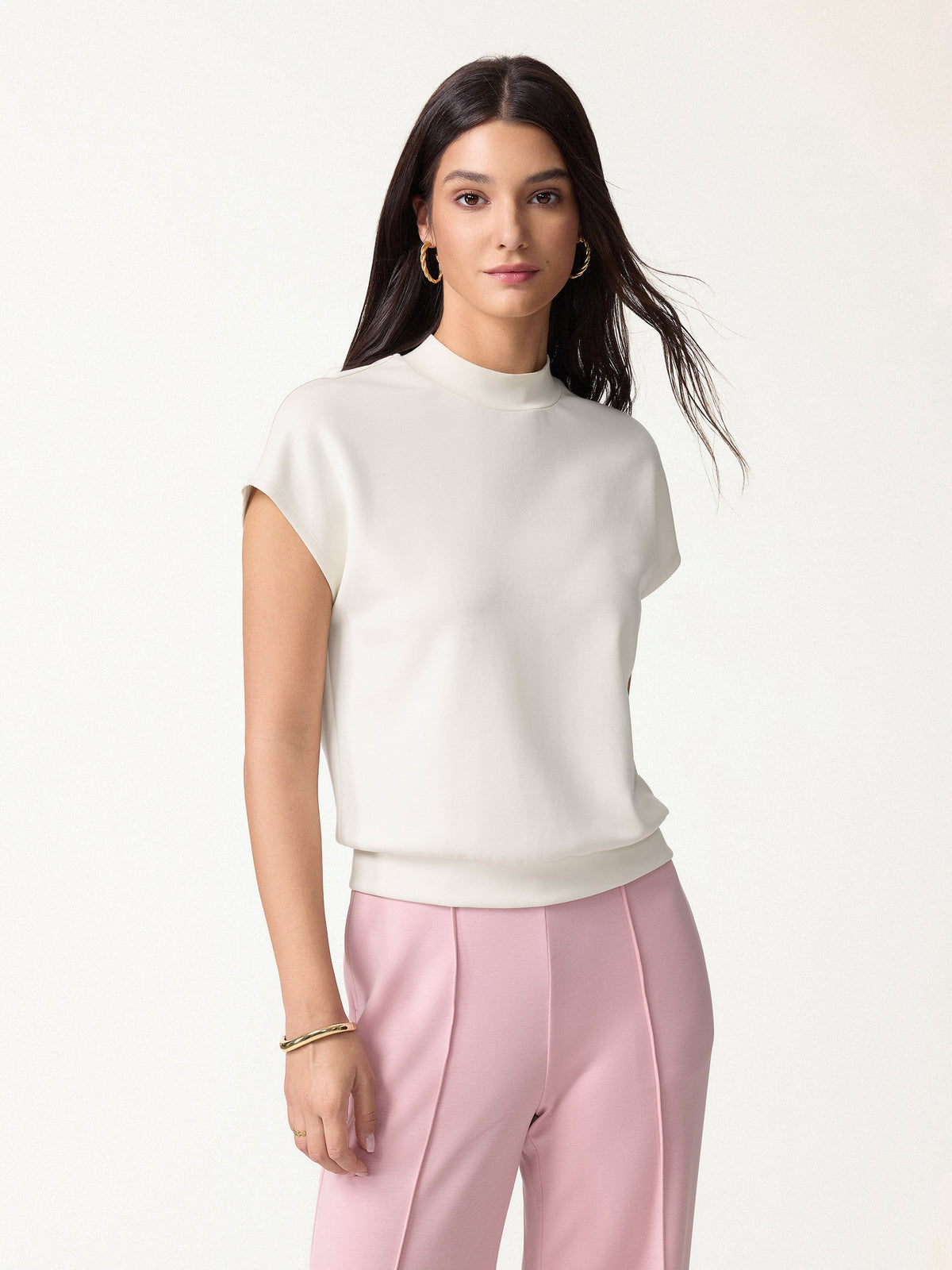 Modal Spacer Knit Mock Neck Cap Sleeve Banded Hem Top — original photo 1