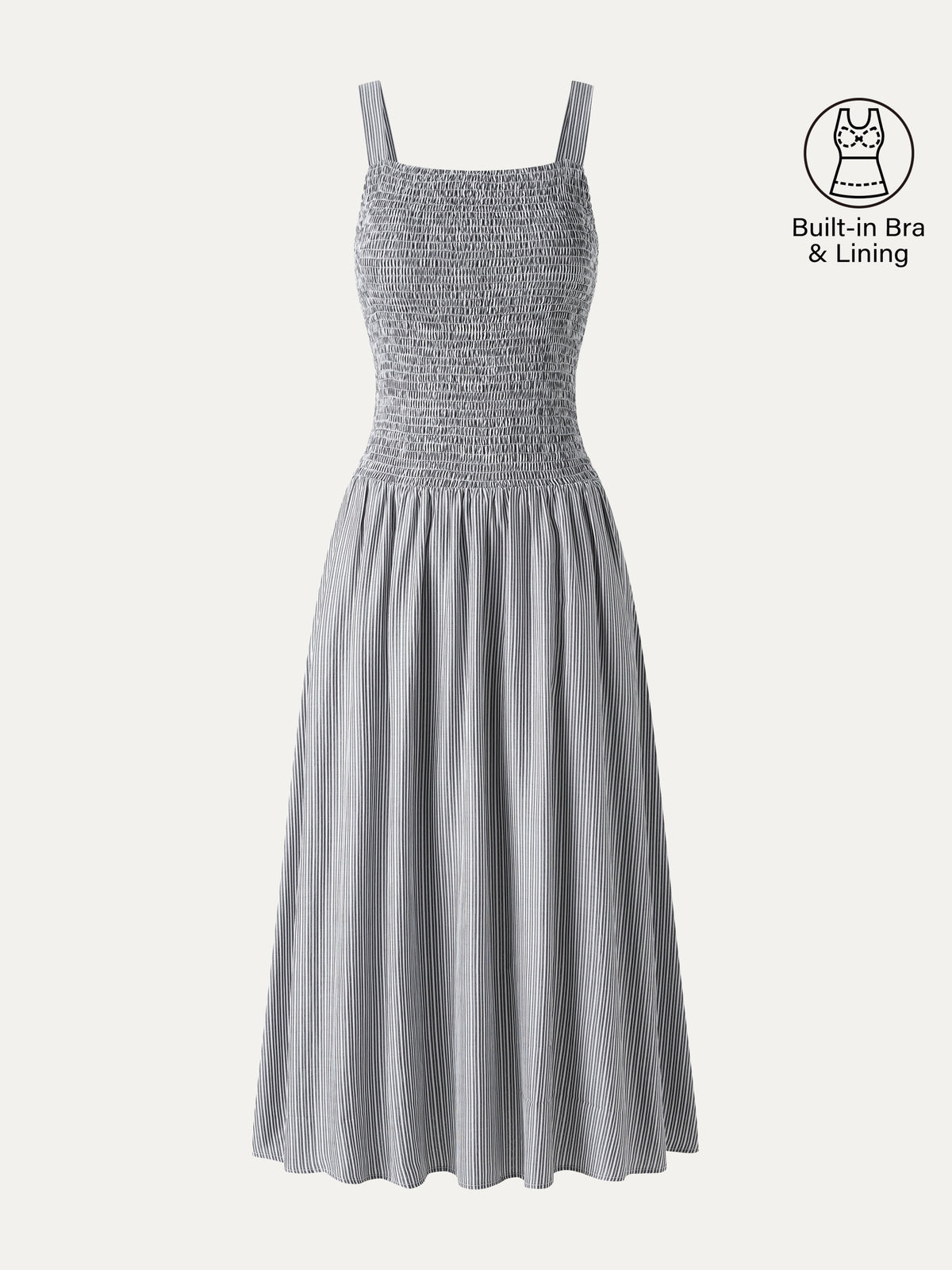 Striped Poplin Square Neck Smocked Midi Built-In Bra Dress — original photo 7