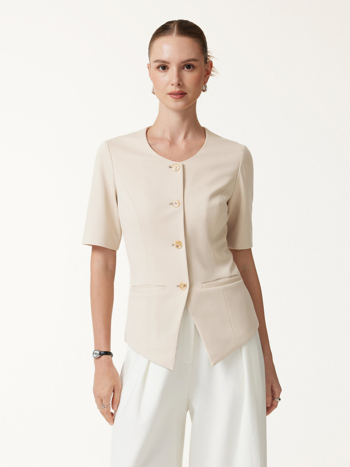 Ponte Office Round Neck Elbow Sleeve Jacket with Pockets — original photo 3