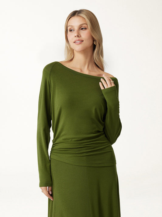 LiteWarm Cashmere Blend Boatneck Convertible Off-Shoulder Ruched Top — original photo 1