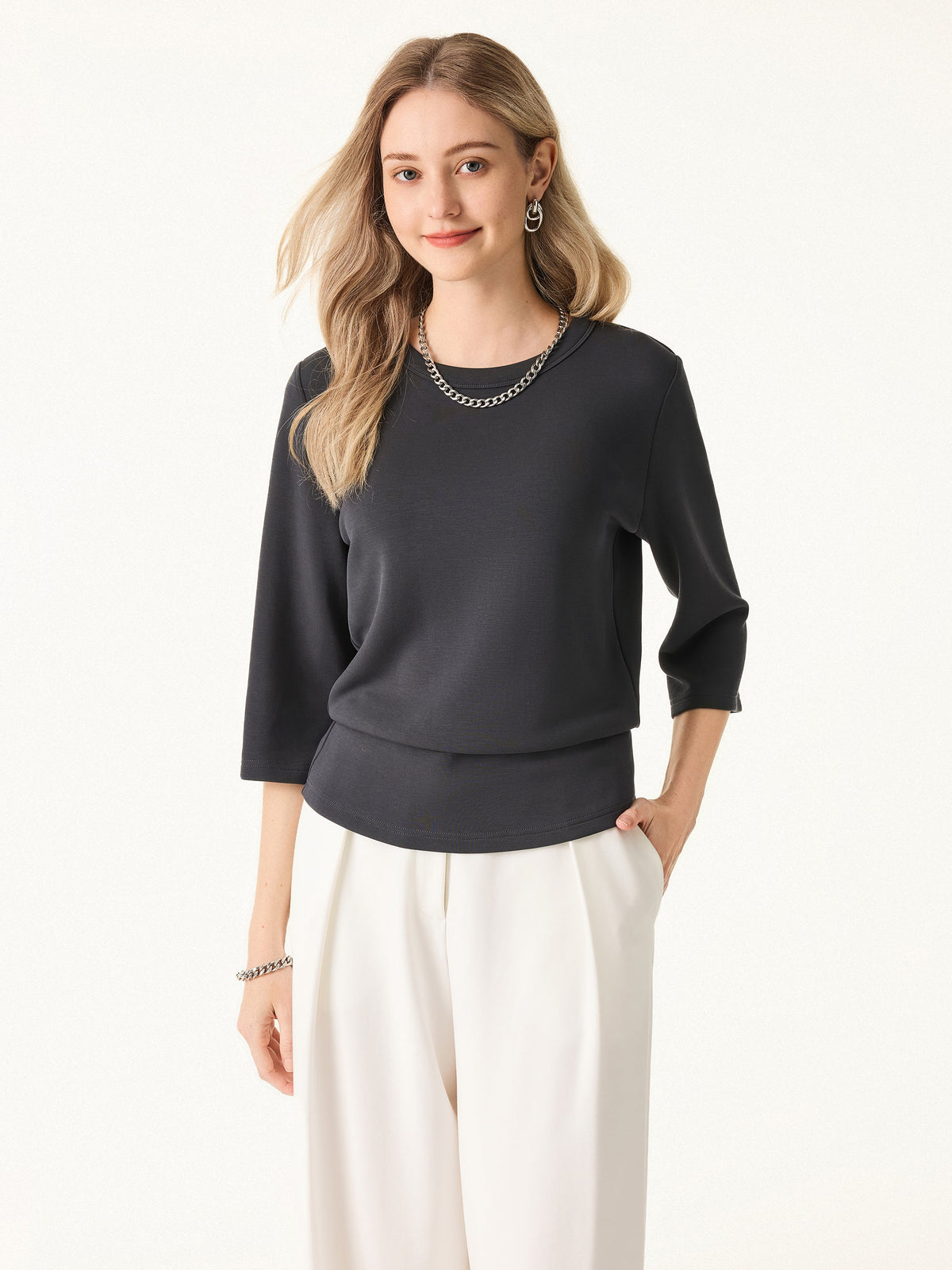 Sandwashed Spacer Crewneck 3/4 Sleeve Top — original photo 12