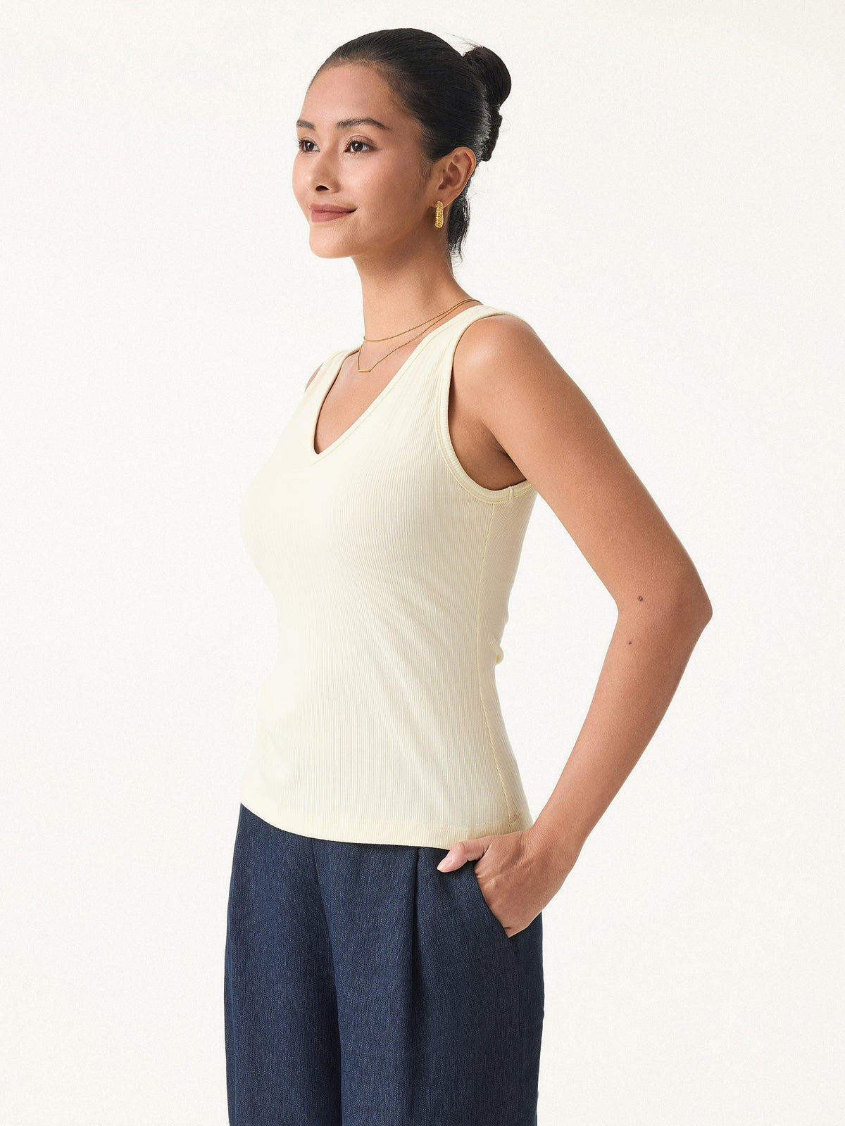 Stretch Cotton Pointelle V-neck Sleeveless Built-In Bra Tank — original photo 3