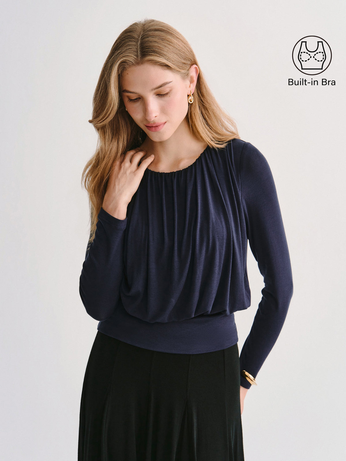 LiteWarm Lyocell-Wool Round Neck Long Sleeve Tucked Built-In Bra Top — original photo 1