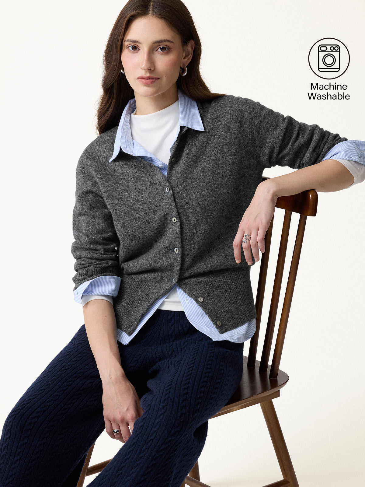 100% Merino Wool Crew Neck Long Sleeve Button-Front Cardigan — original photo 9