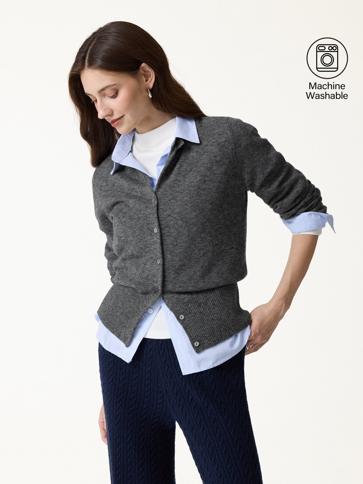 100% Merino Wool Crew Neck Long Sleeve Button-Front Cardigan — original photo 10