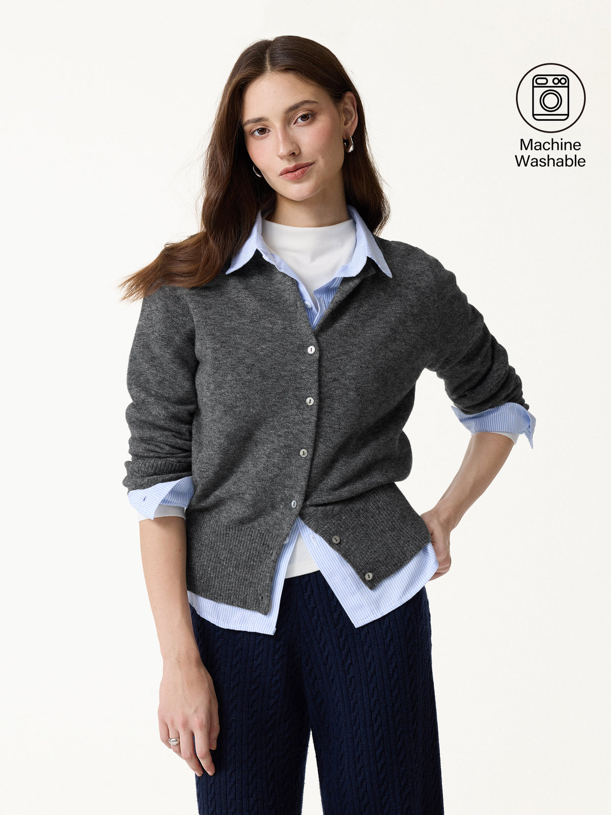 100% Merino Wool Crew Neck Long Sleeve Button-Front Cardigan — original photo 7