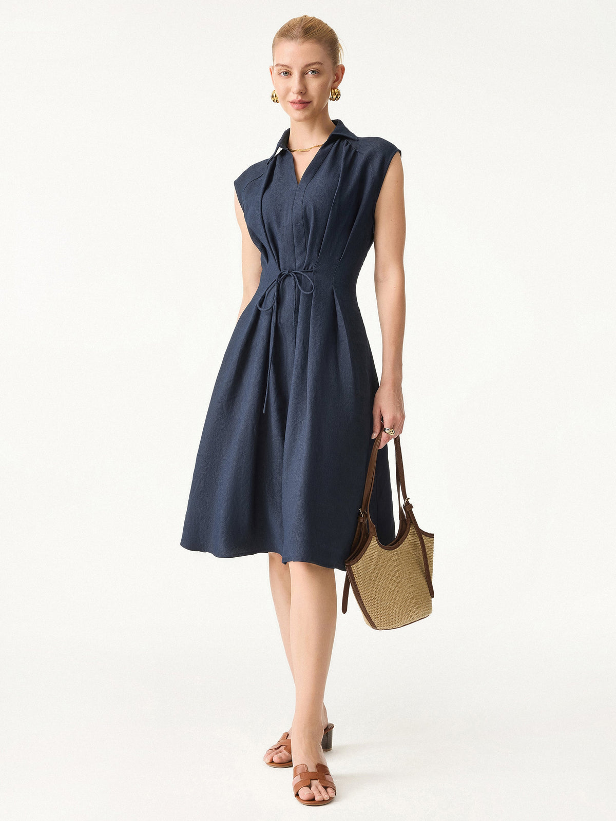 Viscose-Linen Collared V-neck Midi Dress with Drawstring — original photo 1