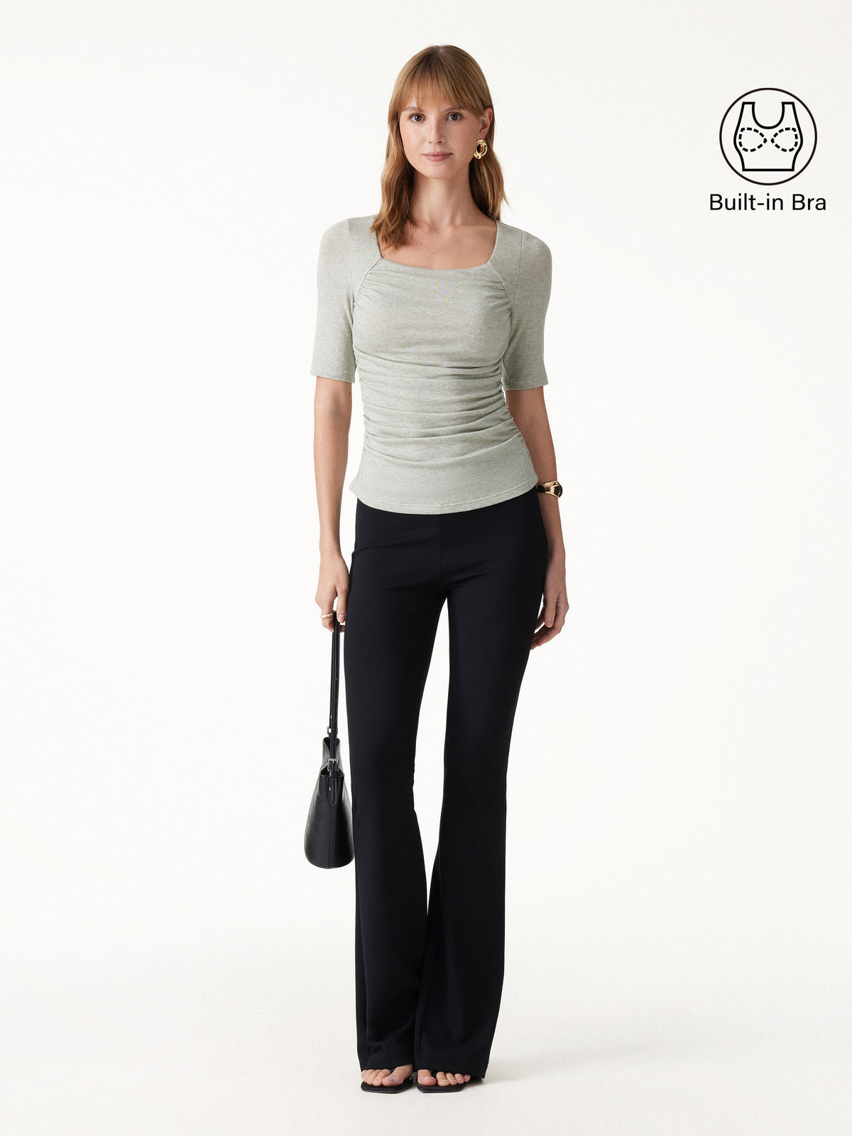 LiteWarm Lyocell-Wool Square Neck Elbow Sleeve Ruched Built-In Bra Top — original photo 2