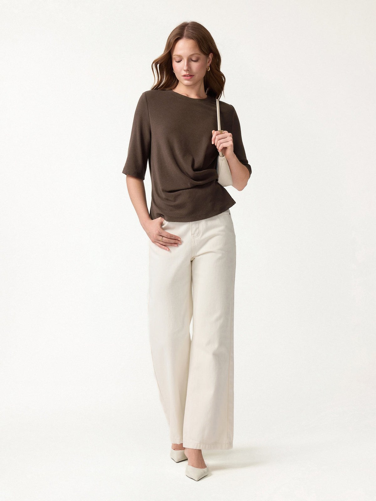 LiteWarm Round Neck Elbow Sleeve Side-Tuck Top — original photo 2