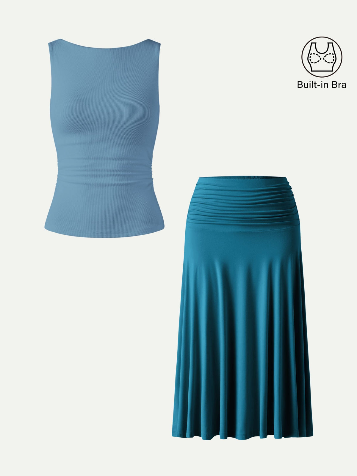 2Pcs Set Open Back Built-In Bra Tank & Side Ruched A-line Midi Skirt — original photo 9