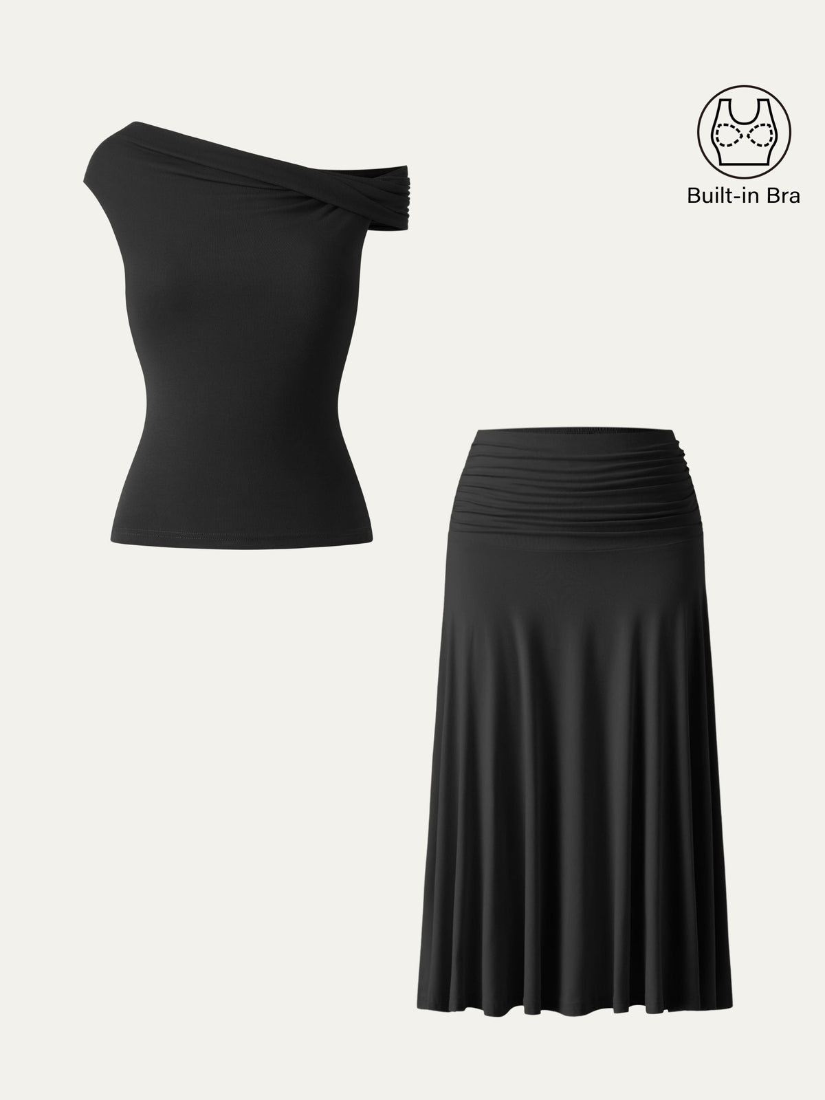 2Pcs Set Multi-wear Built-In Bra Top & Side Ruched A-line Midi Skirt — original photo 14