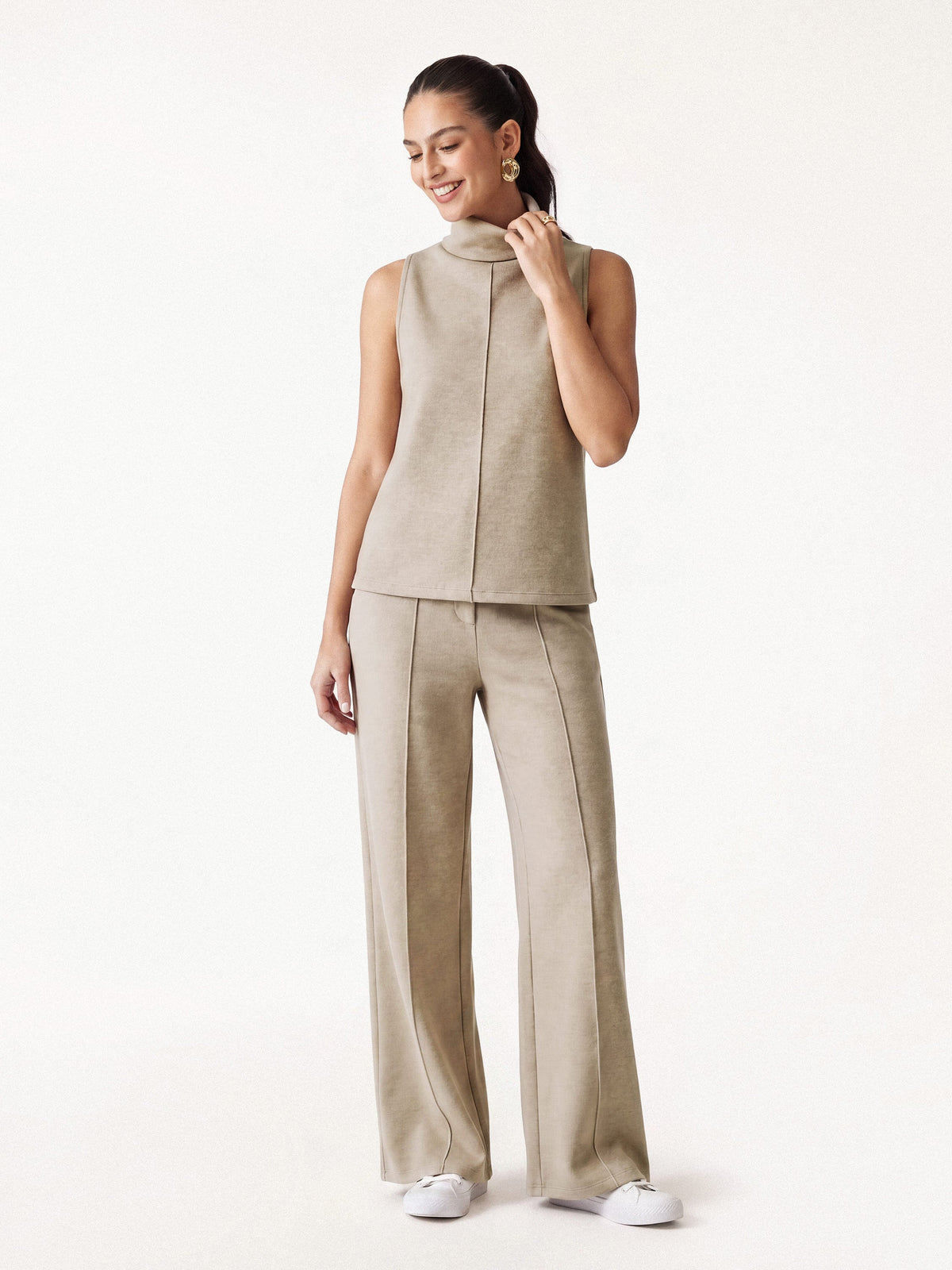 2Pcs Set Petite High Waisted Warm Straight Leg Pull On Pant & Split Hem Top — original photo 2