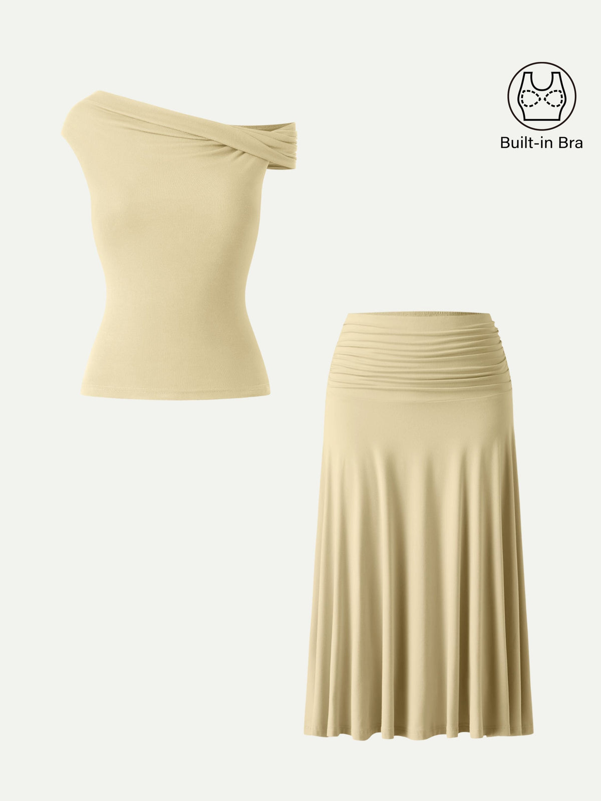 2Pcs Set Multi-wear Built-In Bra Top & Side Ruched A-line Midi Skirt — original photo 20