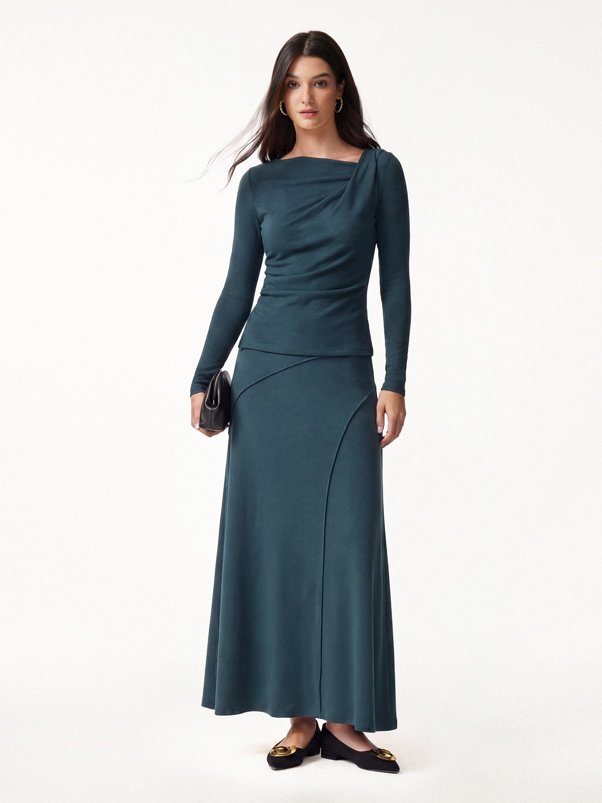 2Pcs Set LiteWarm Asymmetrical Neck Top & Drapey A-Line Midi Skirt — original photo 1
