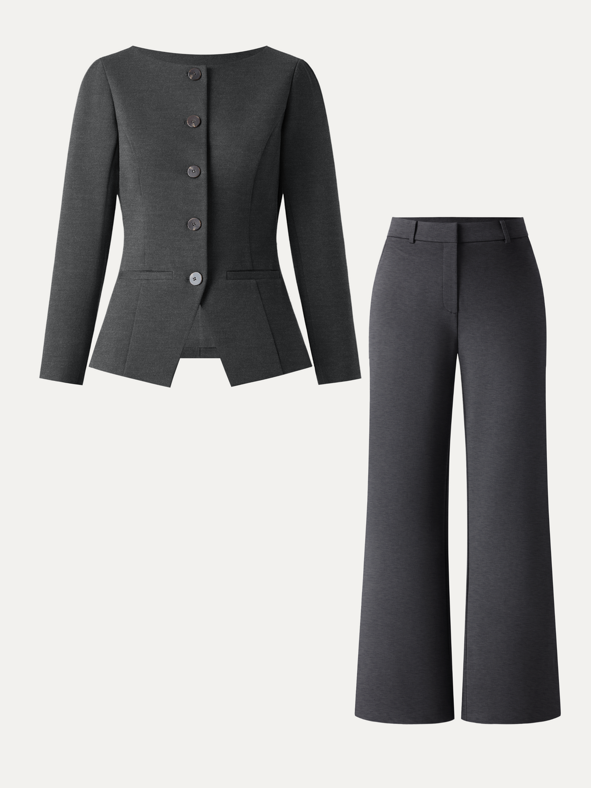2Pcs Set Neck Long Sleeve Jacket with Pockets & Mid-Rise Wide-Leg Pants with Pockets — original photo 2