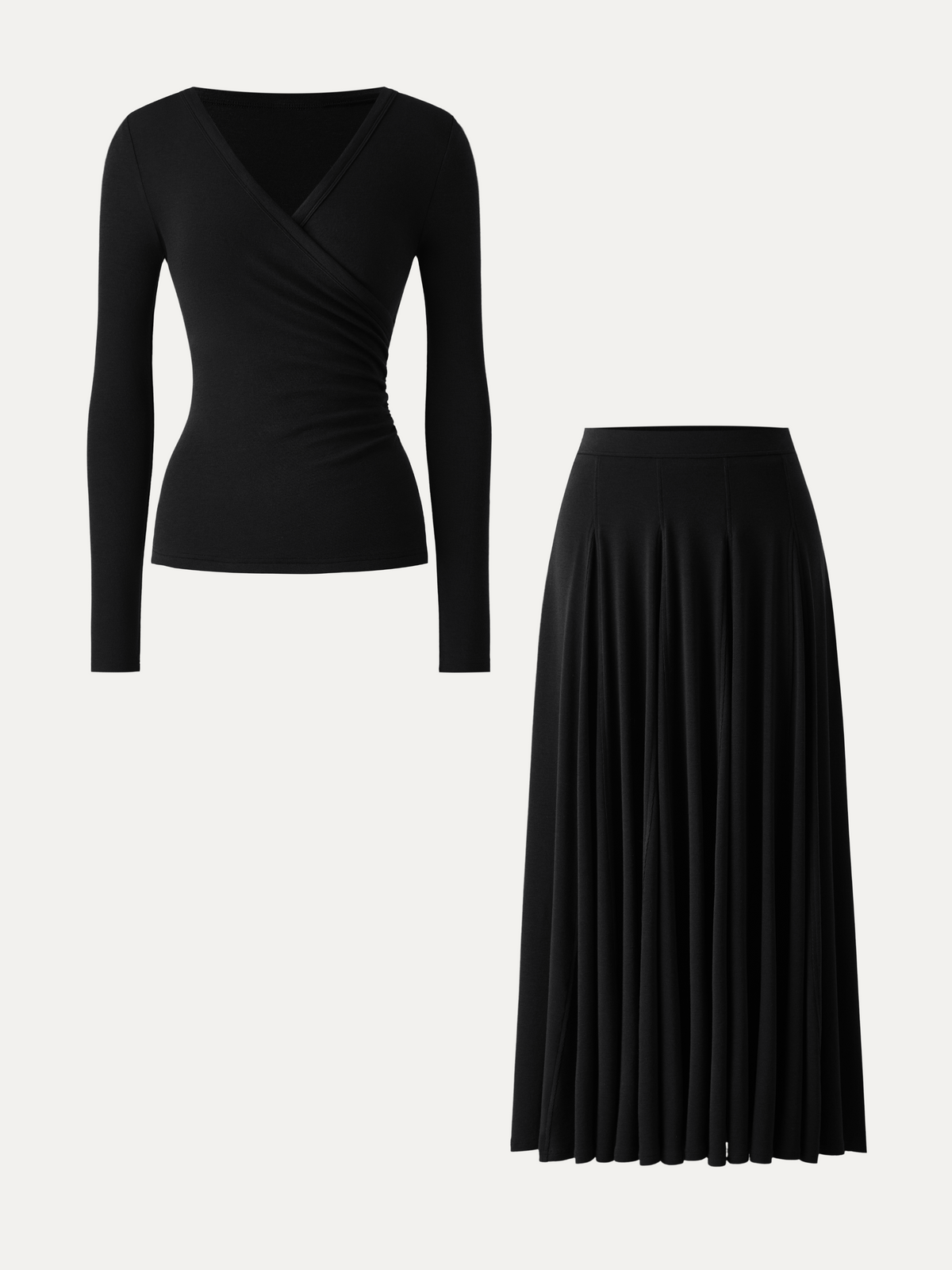 2Pcs Set LiteWarm Surplice Ruched Long Sleeve & Godet Hem Pull-on Maxi Skirt — original photo 14