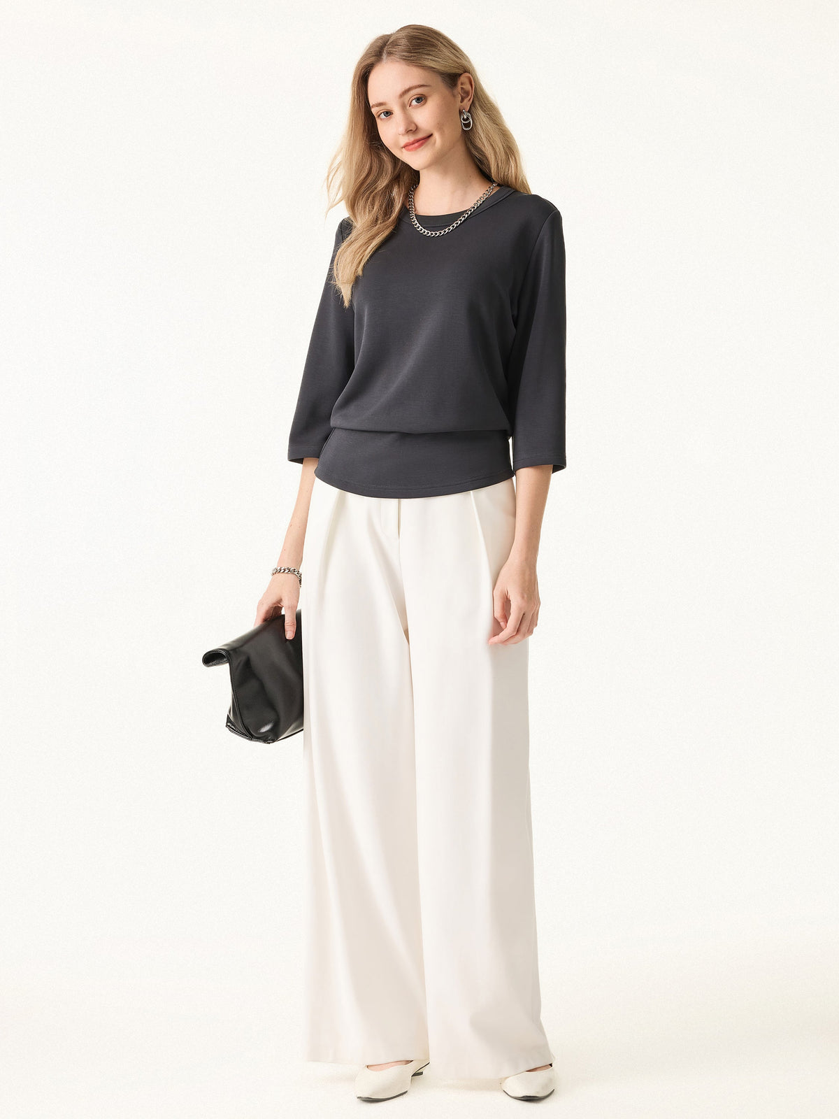 Sandwashed Spacer Crewneck 3/4 Sleeve Top — original photo 8