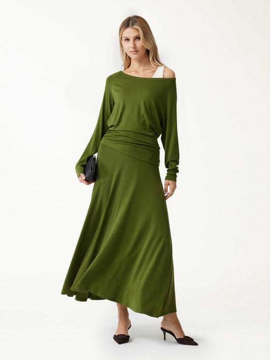 2Pcs Set LiteWarm Boatneck Off-Shoulder Ruched Top & Lyocell-Cashmere Blend Mid-Rise Umbrella Maxi Skirt — original photo 1