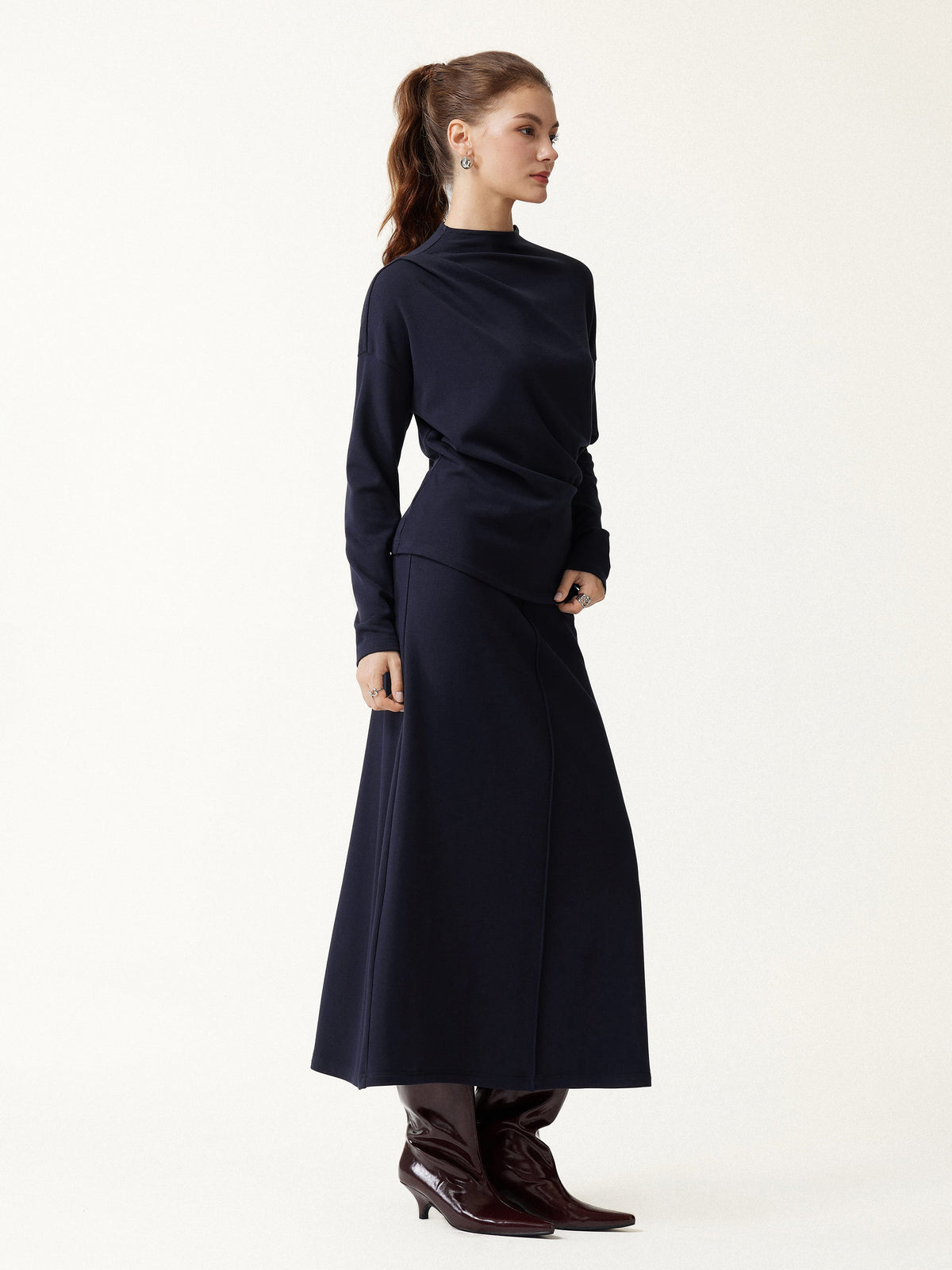 2Pcs Set Prowarm Mock Neck Long Sleeve Top & Mid-Rise A-Line Midi Skirt — original photo 3