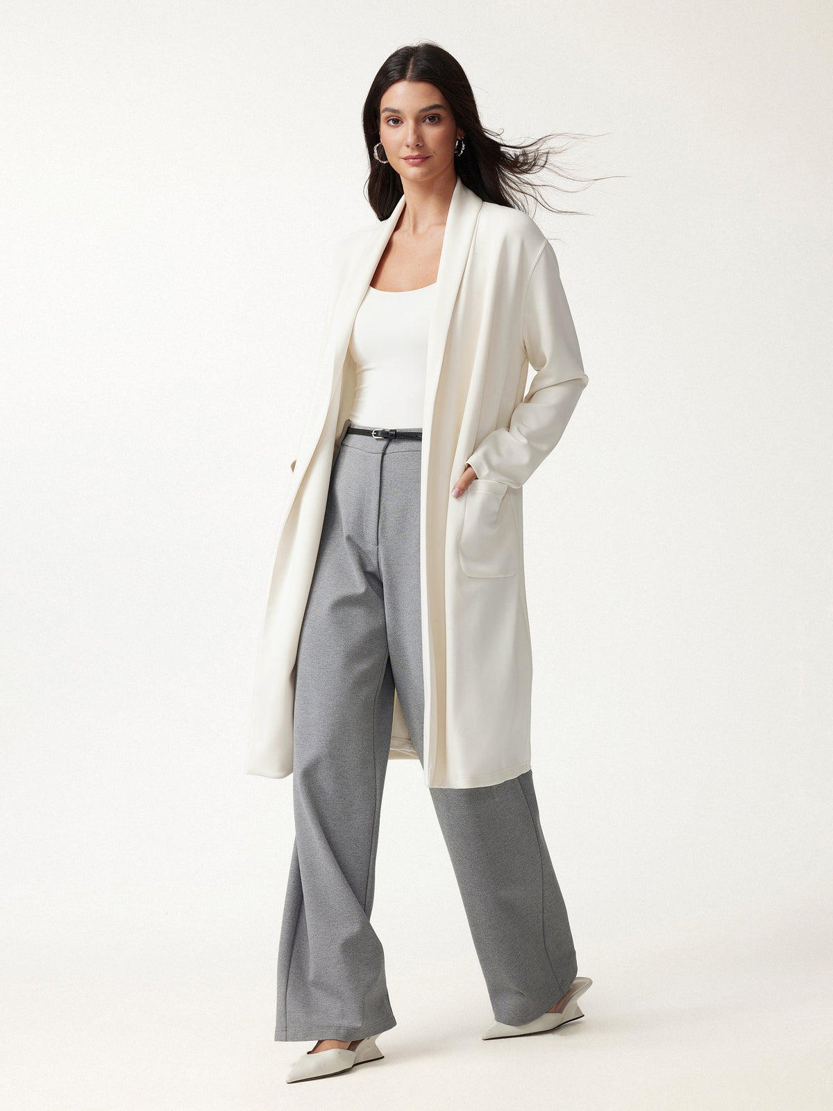 Modal Spacer Knit Shawl Collar Pocketed Long Cardigan — original photo 2