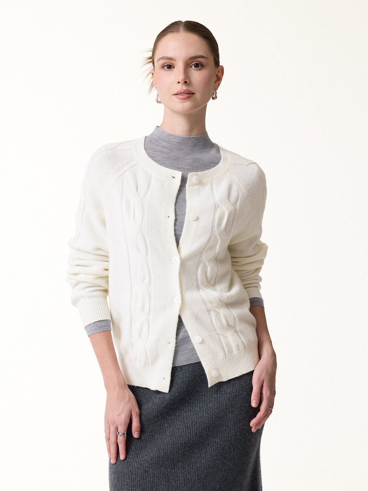 Merino-Blend Cable-Knit Crew Neck Long Sleeve Cardigan — original photo 7