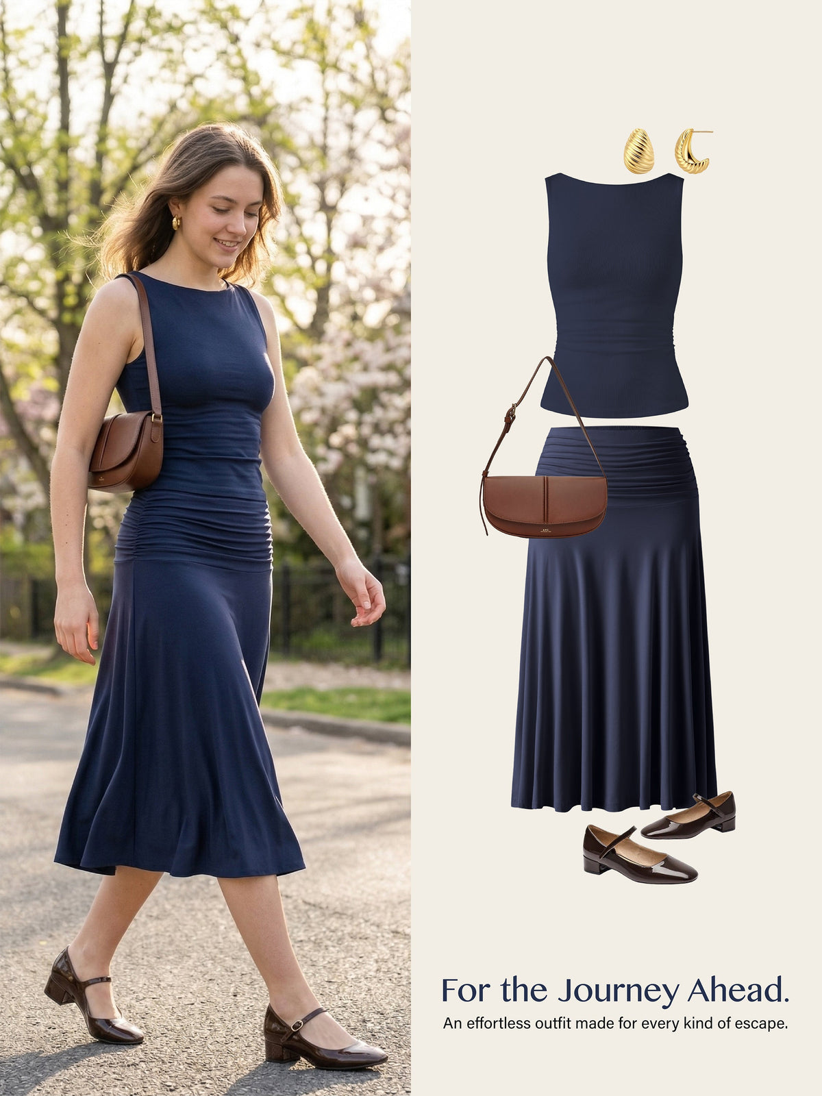 2Pcs Set Open Back Built-In Bra Tank & Side Ruched A-line Midi Skirt — original photo 7