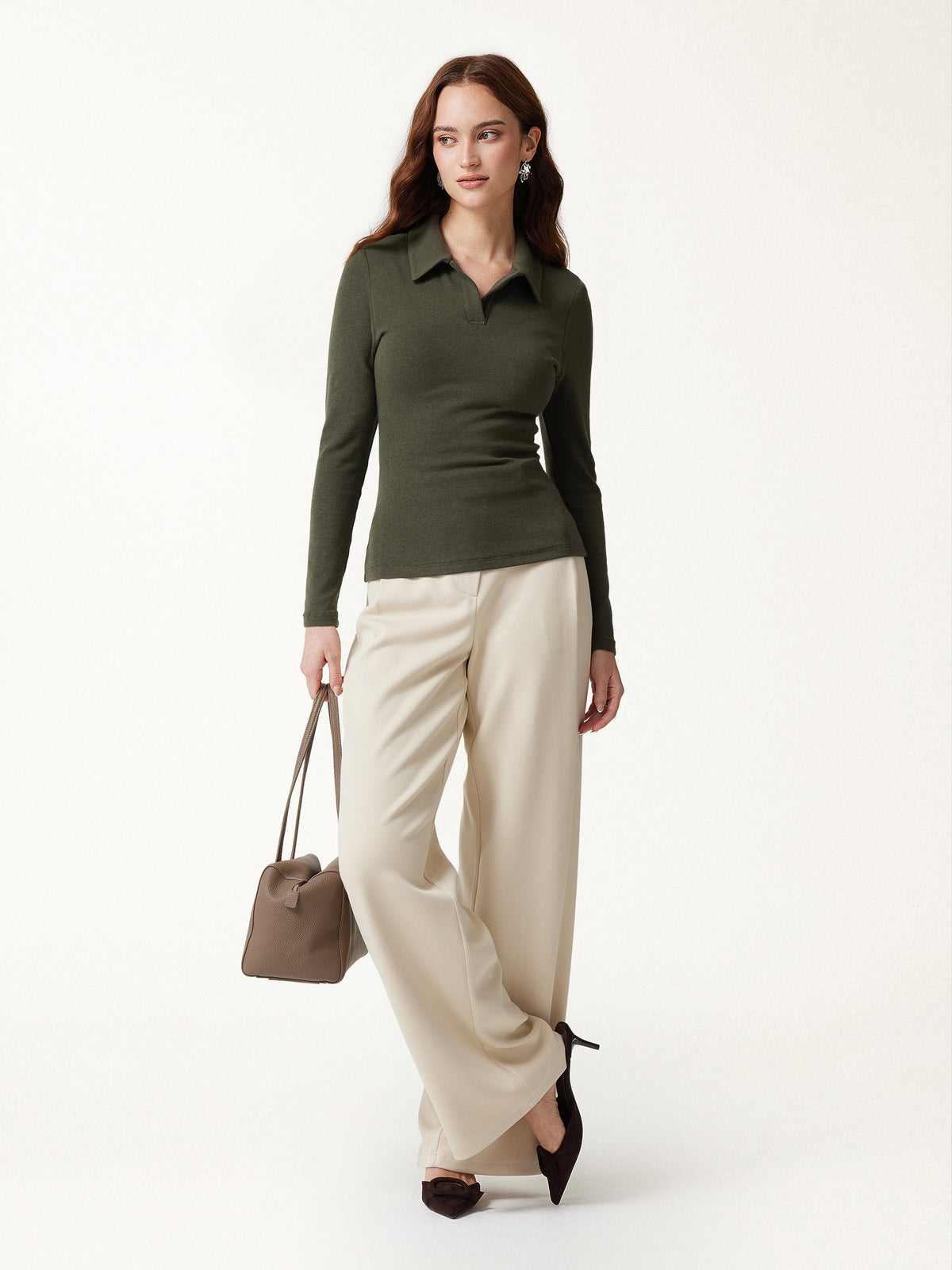 LiteWarm Office Staple V-Neck Lapel Long Sleeve Built-In Bra Top — original photo 2