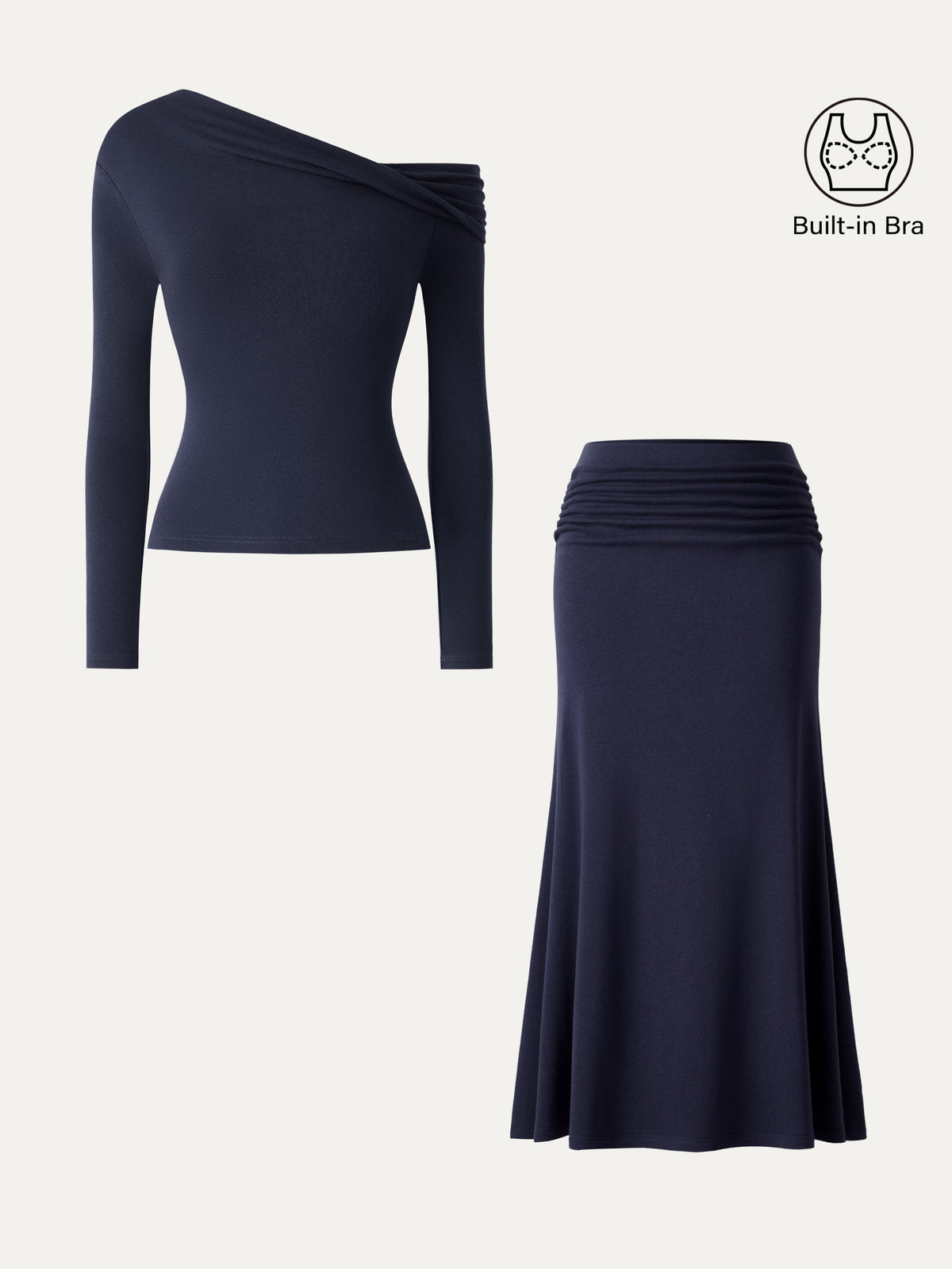 2Pcs Set Prowarm Neck Long Sleeve Built-In Bra Top & Mid-Rise Ruched Flared Midi Skirt — original photo 13