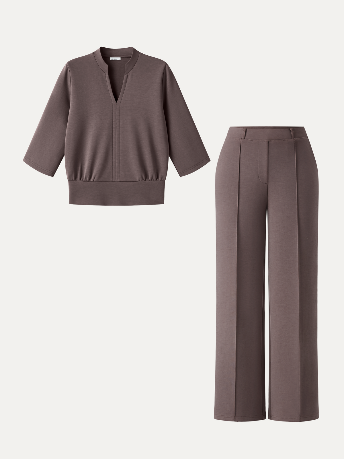 2Pcs Set V-Neck Elbow Sleeve Top & Mid Rise Straight Leg Pants with Pockets — original photo 2