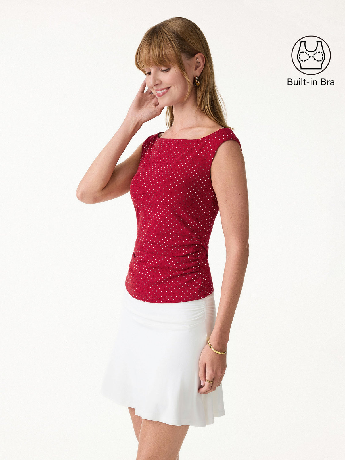 Stretch Cotton Polka Dot Boatneck Ruched Built-In Bra Top Limited Edition — original photo 3