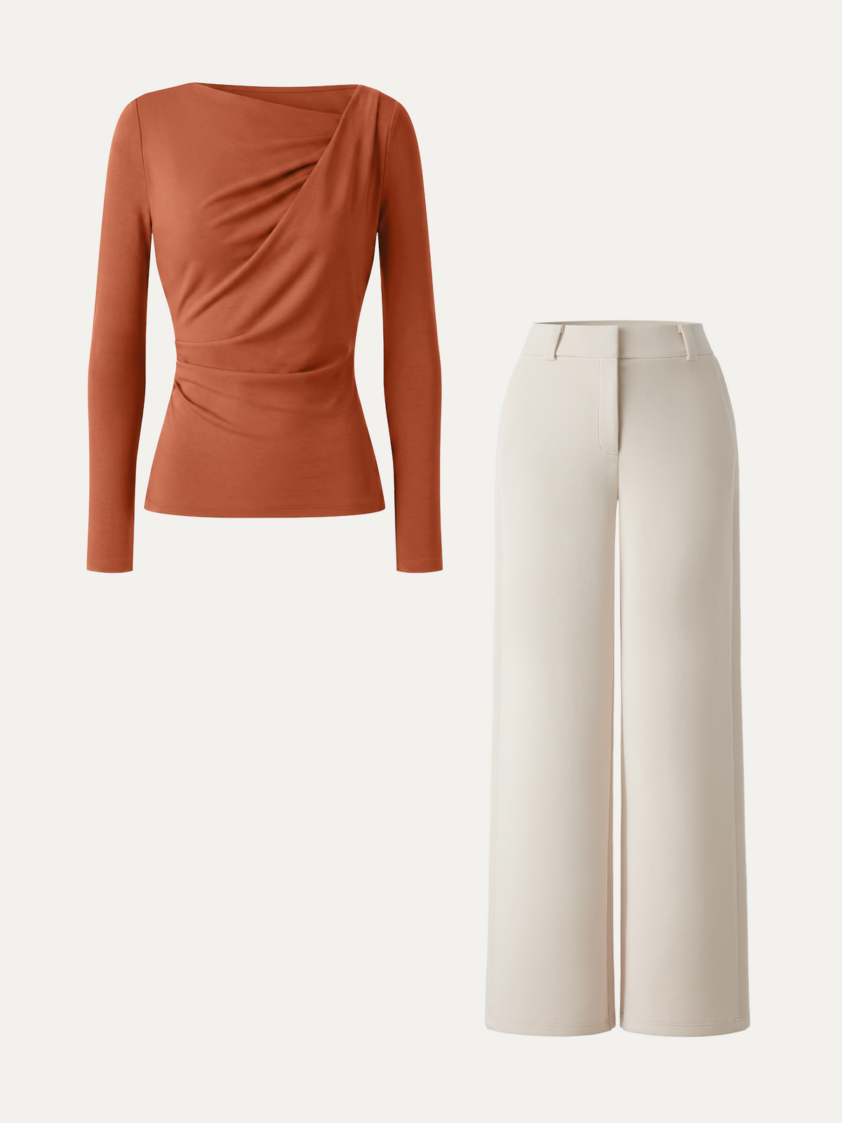 2Pcs Set LiteWarm Asymmetrical Neck Long Sleeve Top & Mid Rise Wide Leg Trouser — original photo 2