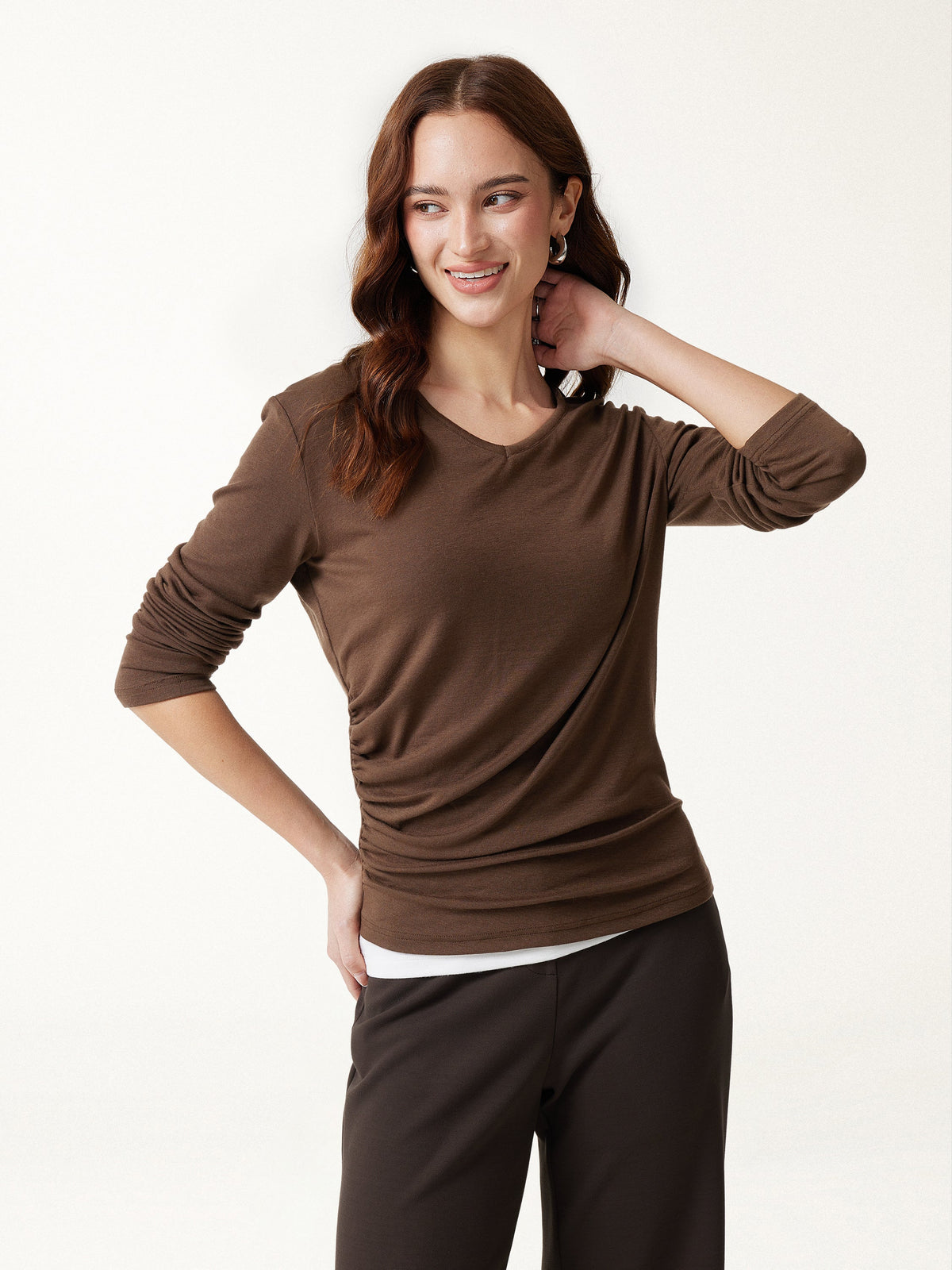 LiteWarm V-Neck Long Sleeve Ruched Top — original photo 3
