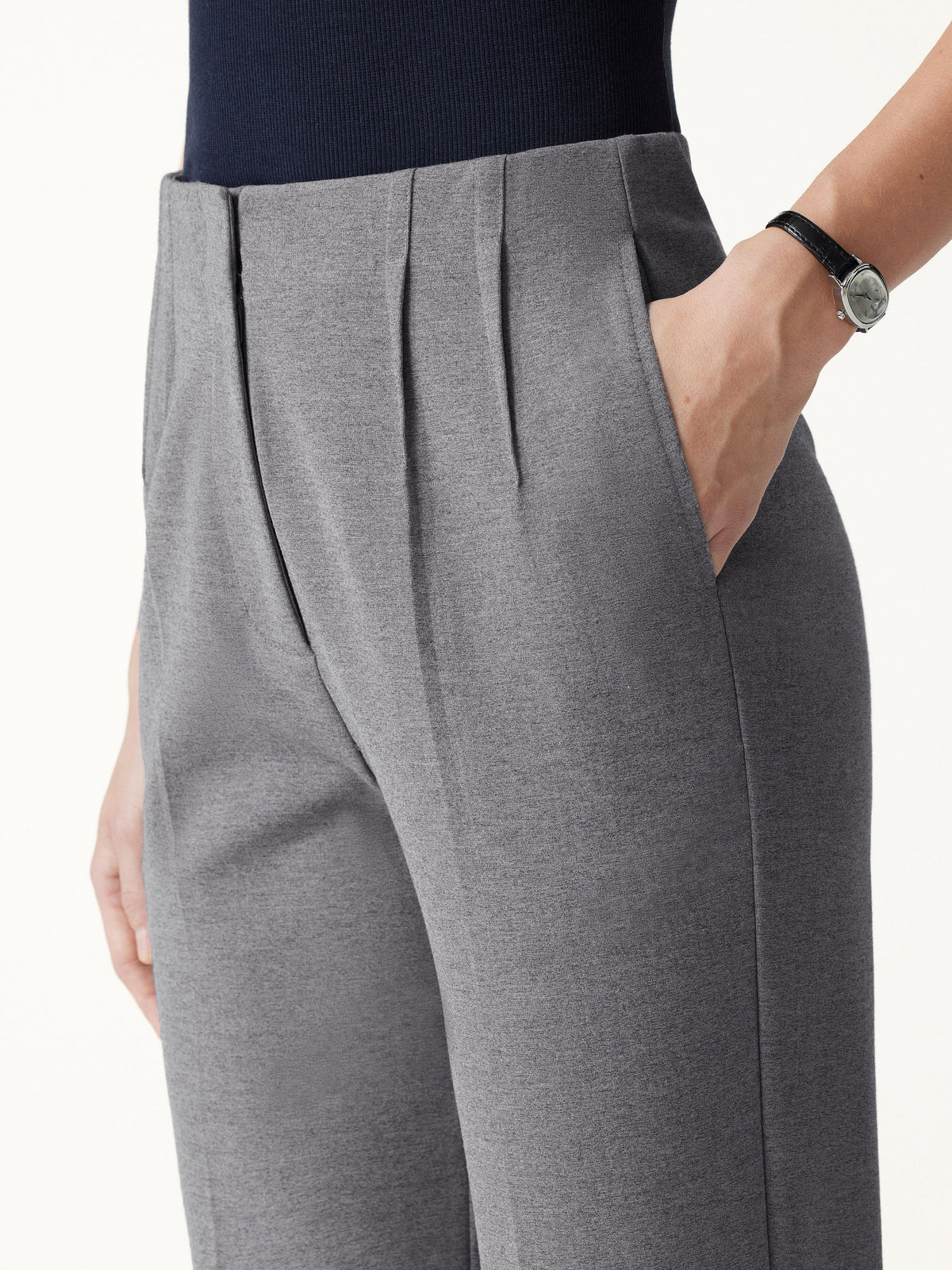 Ponte Mid-Rise Ankled Tapered Tuck Pants with Pockets — original photo 6